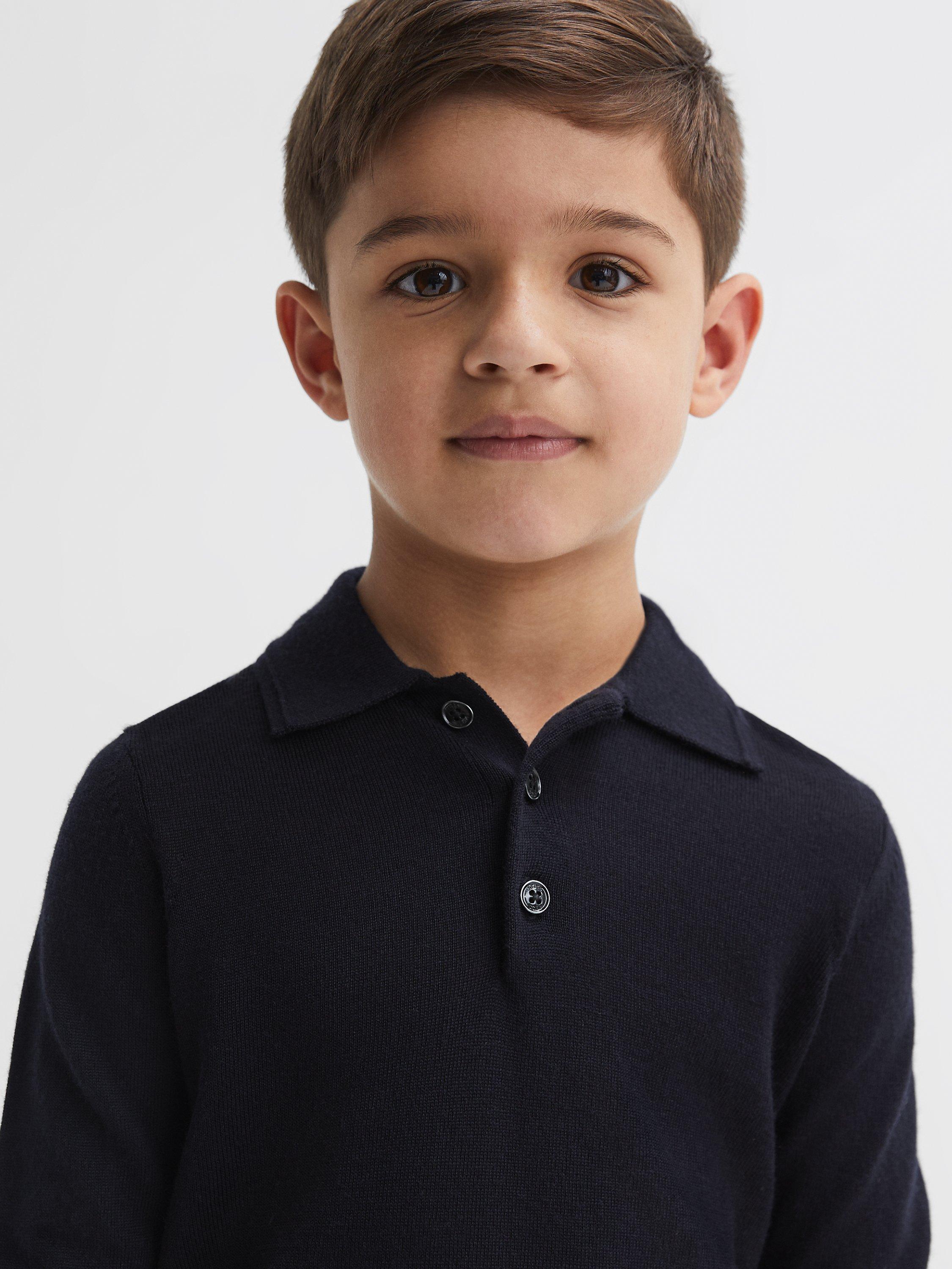 Product image 4 of 5, which shows Reiss Kids' Trafford Merino Wool Polo Shirt, Navy, 3-4 years