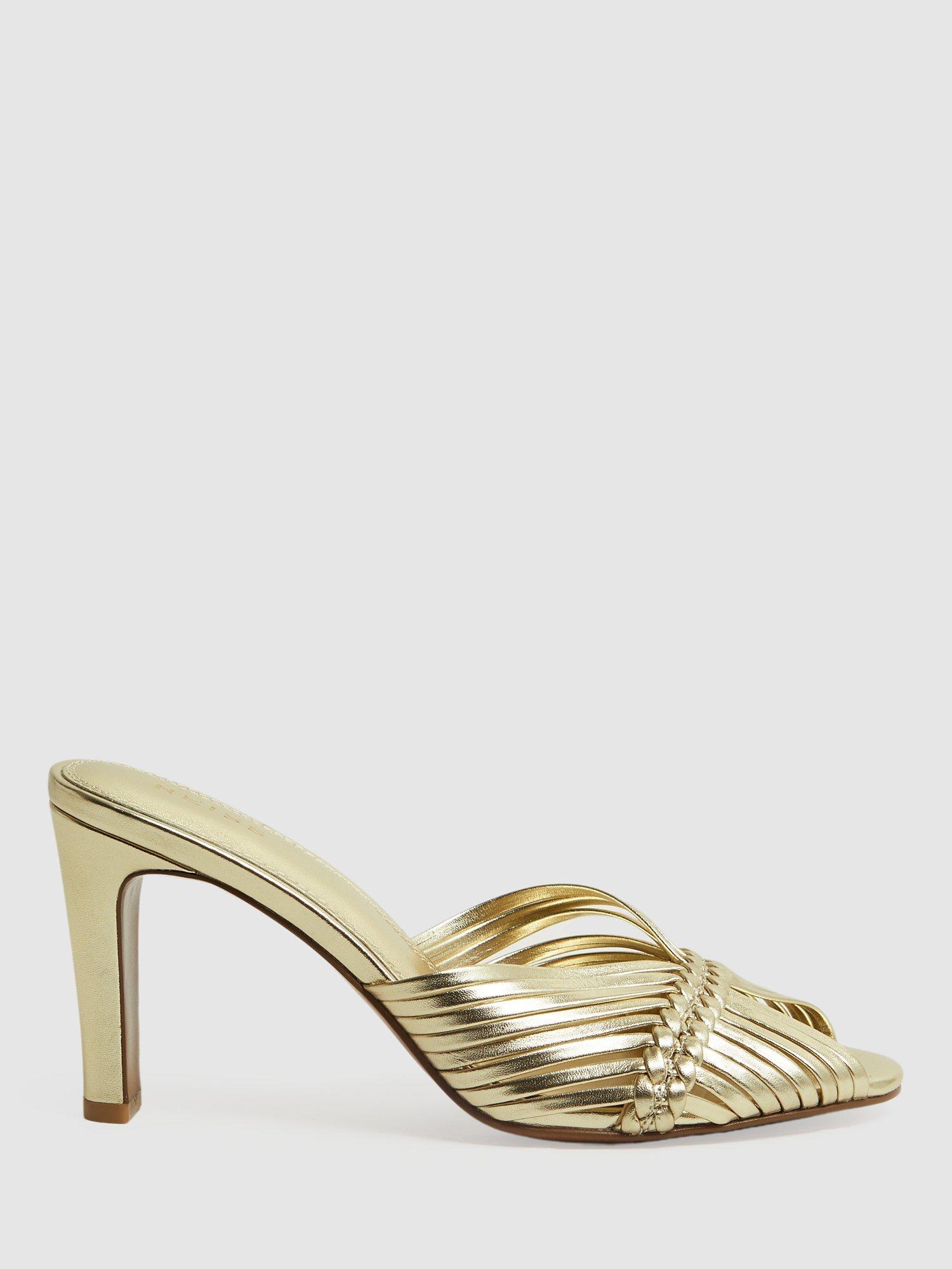Reiss Imogen Woven Leather Heeled Mules, Gold
