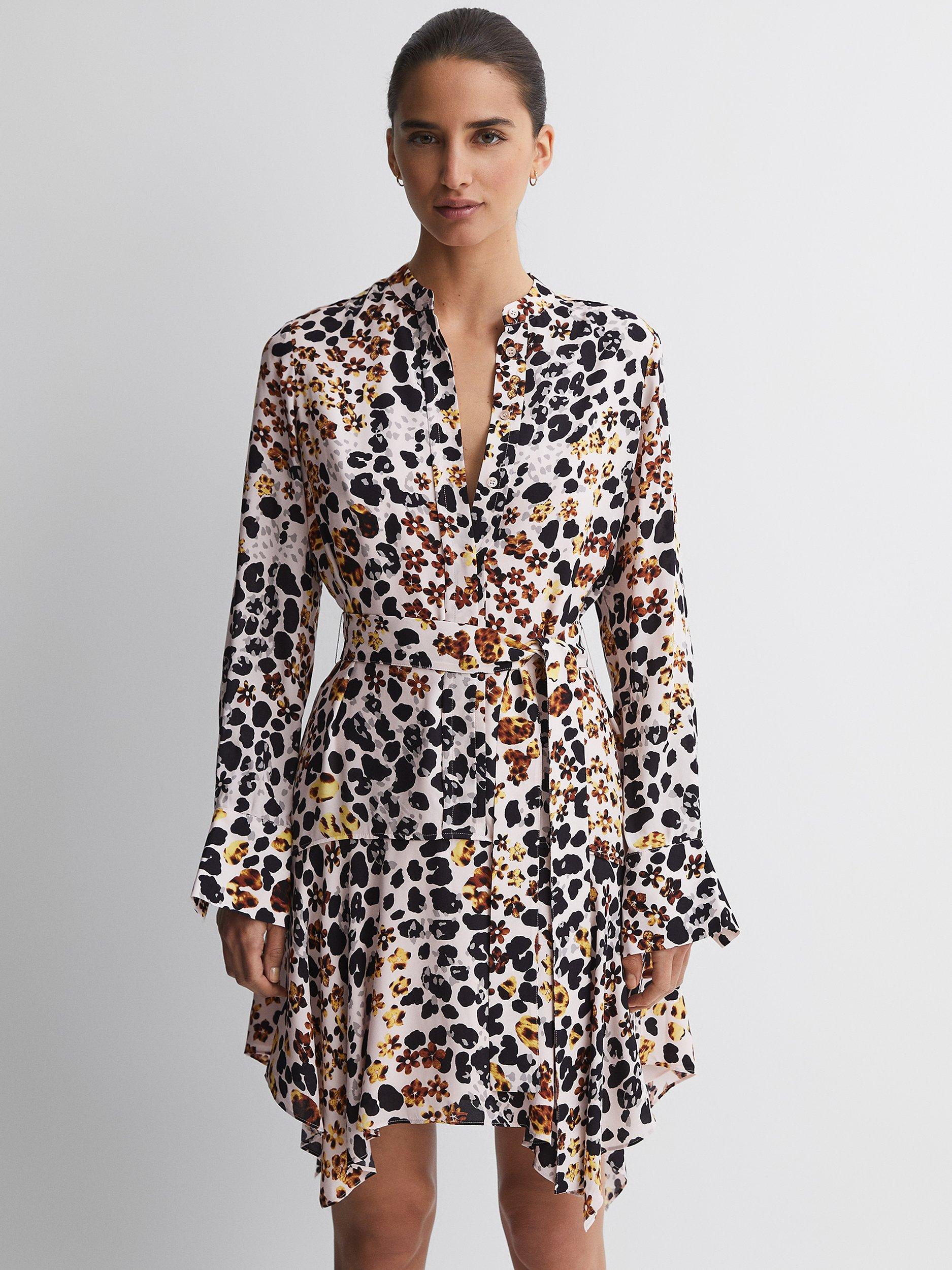 Reiss Sylvie Asymmetric Hem Belted Dress, Nude/Multi