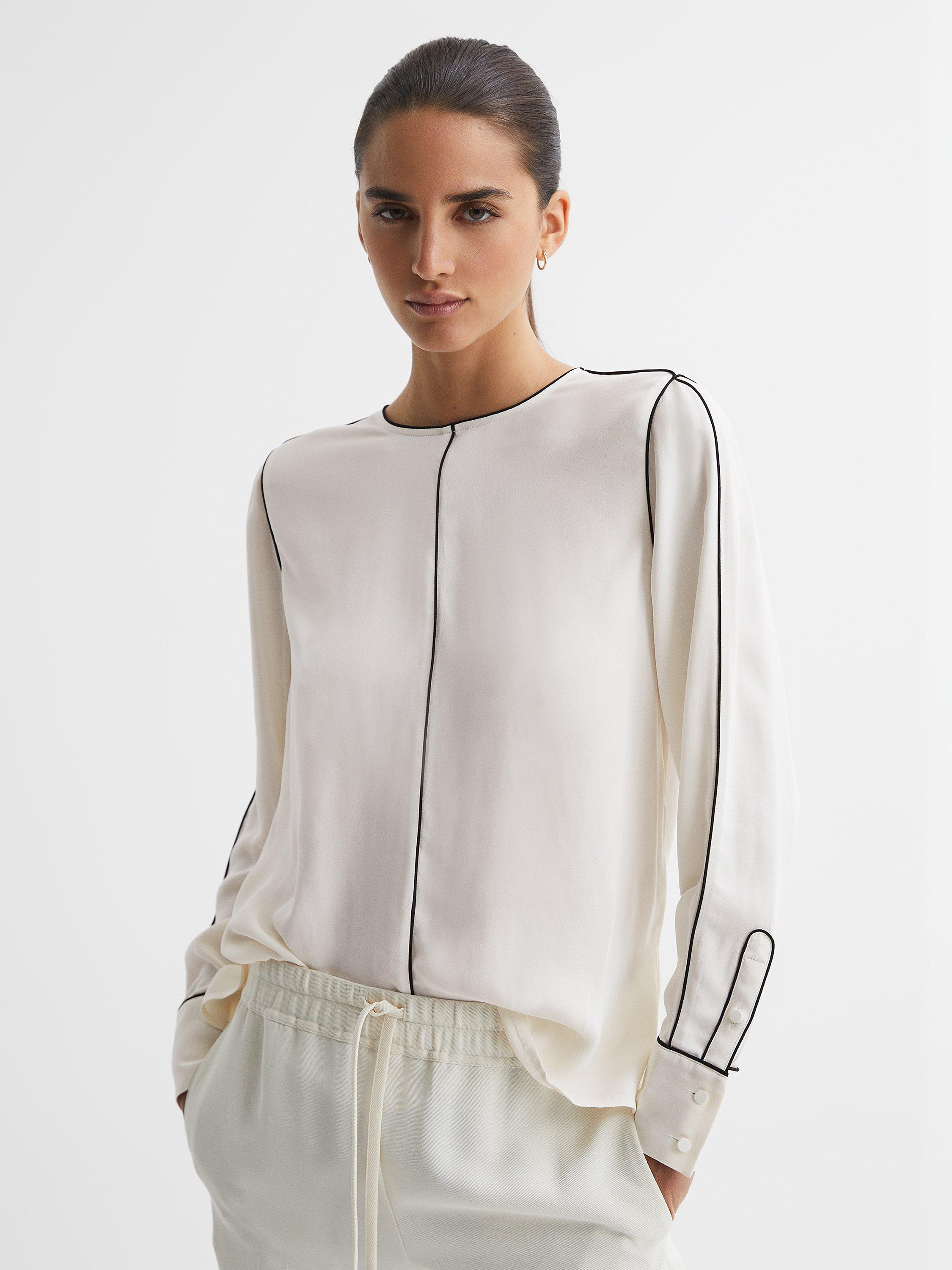Reiss Estella Piping Detail Blouse, Cream/Black