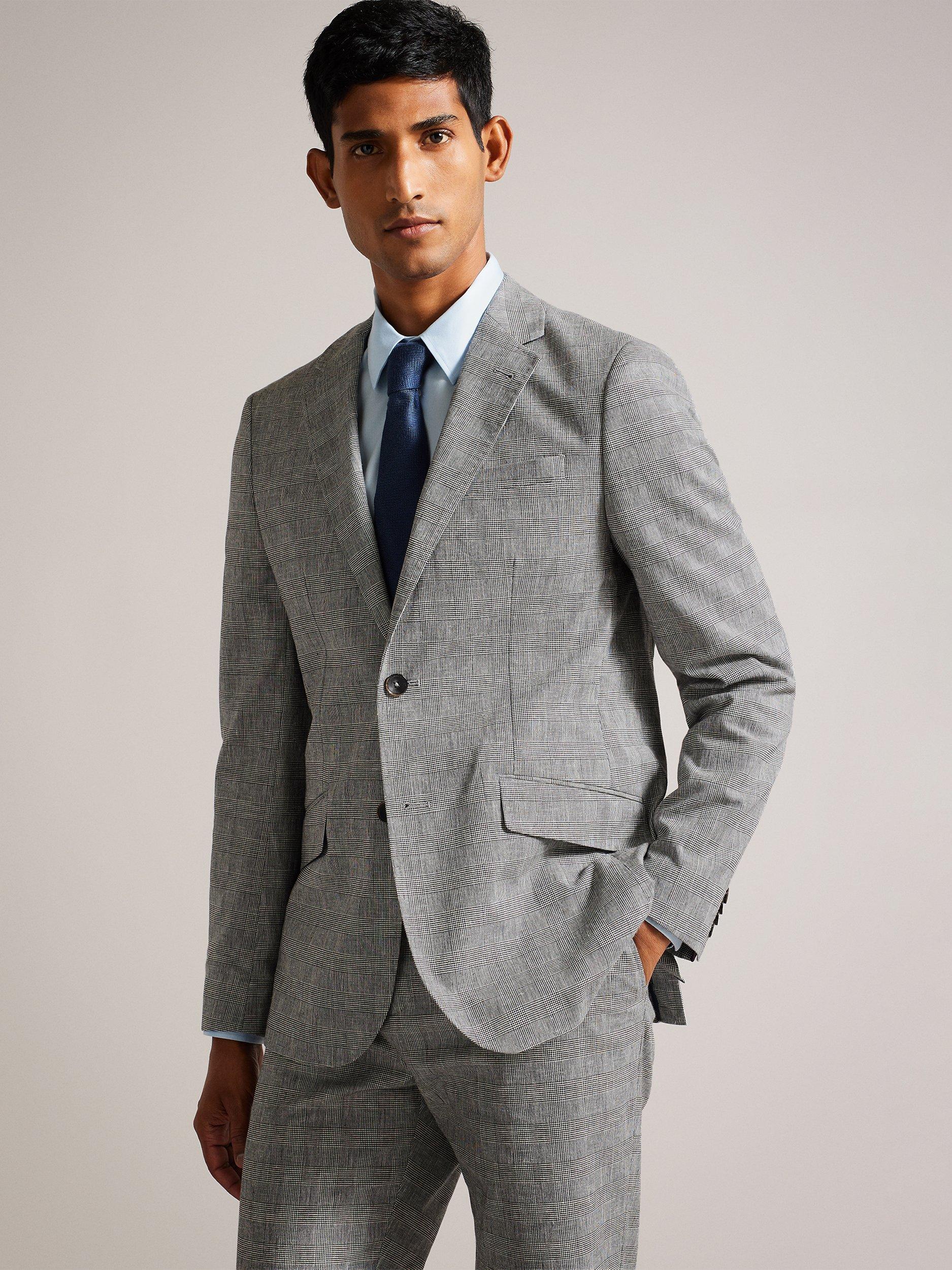 Ted Baker Flekkj Notch Lapel Check Linen Blend Blazer, Grey