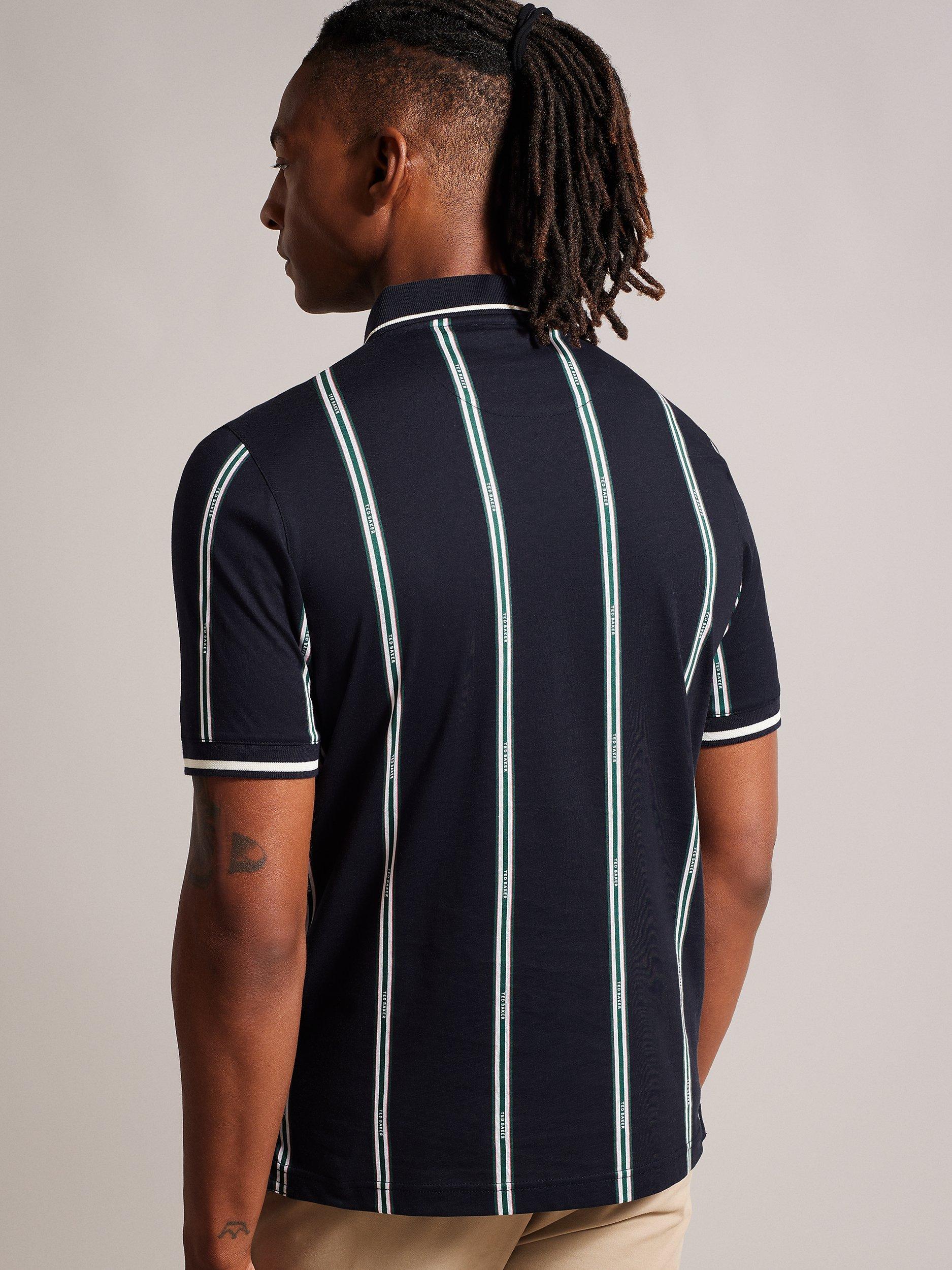 Ted Baker Short Sleeve Zip Stripe Polo Shirt, Navy/White
