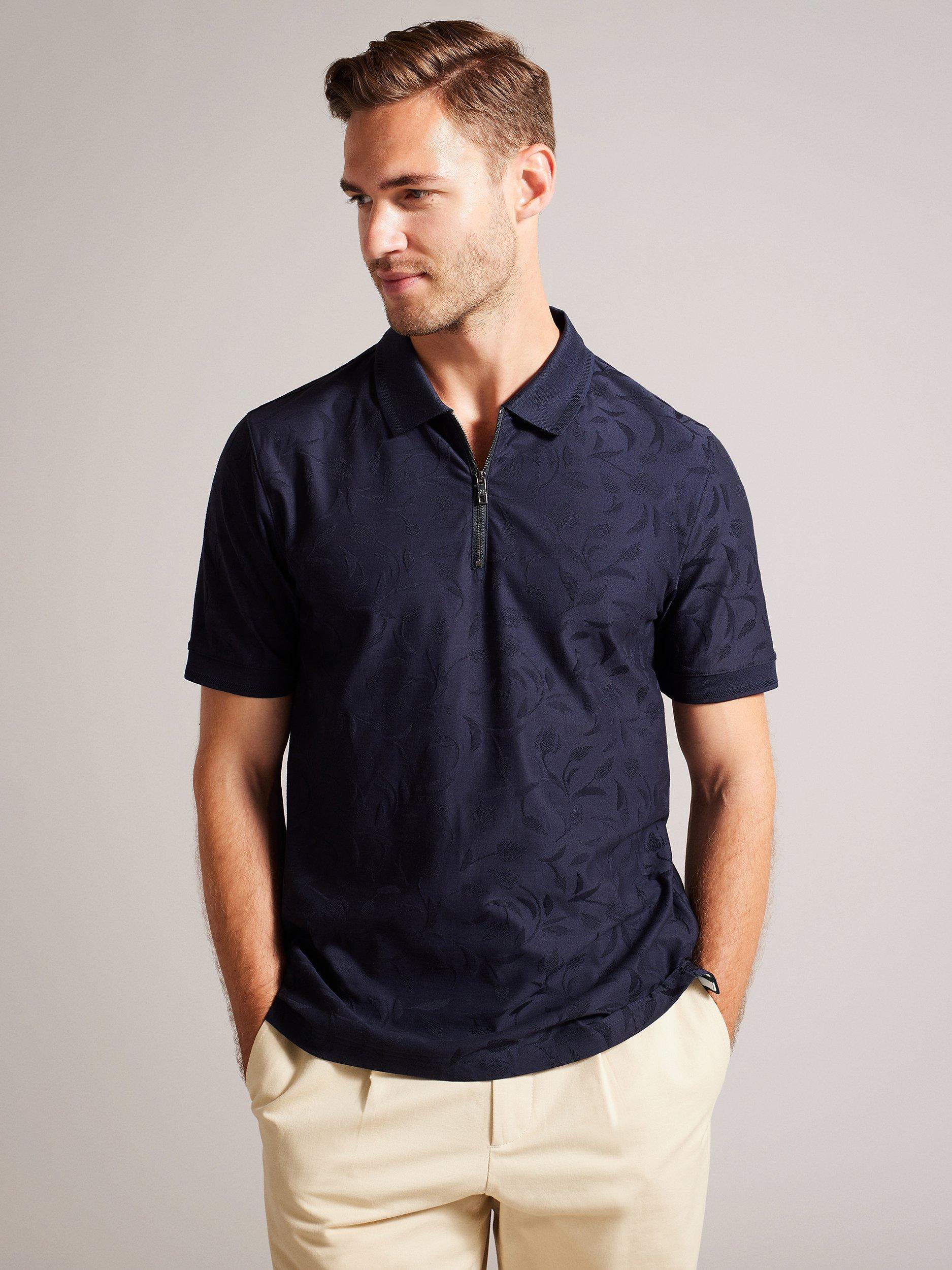 Ted Baker Regular Textured Zip Polo, Blue Navy