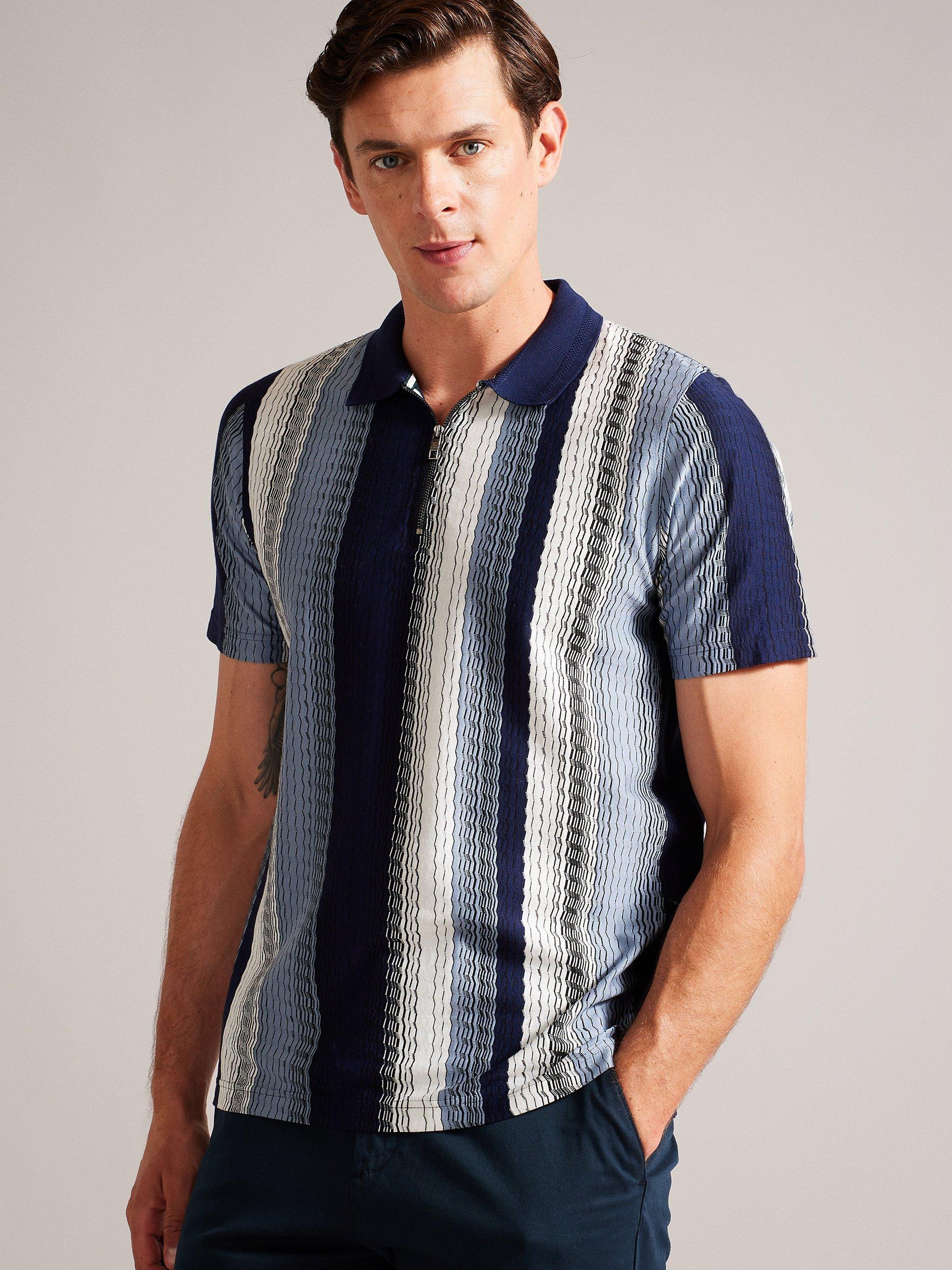 Ted Baker Walraf Textured Stripe Zip Polo Top, Blue/Multi