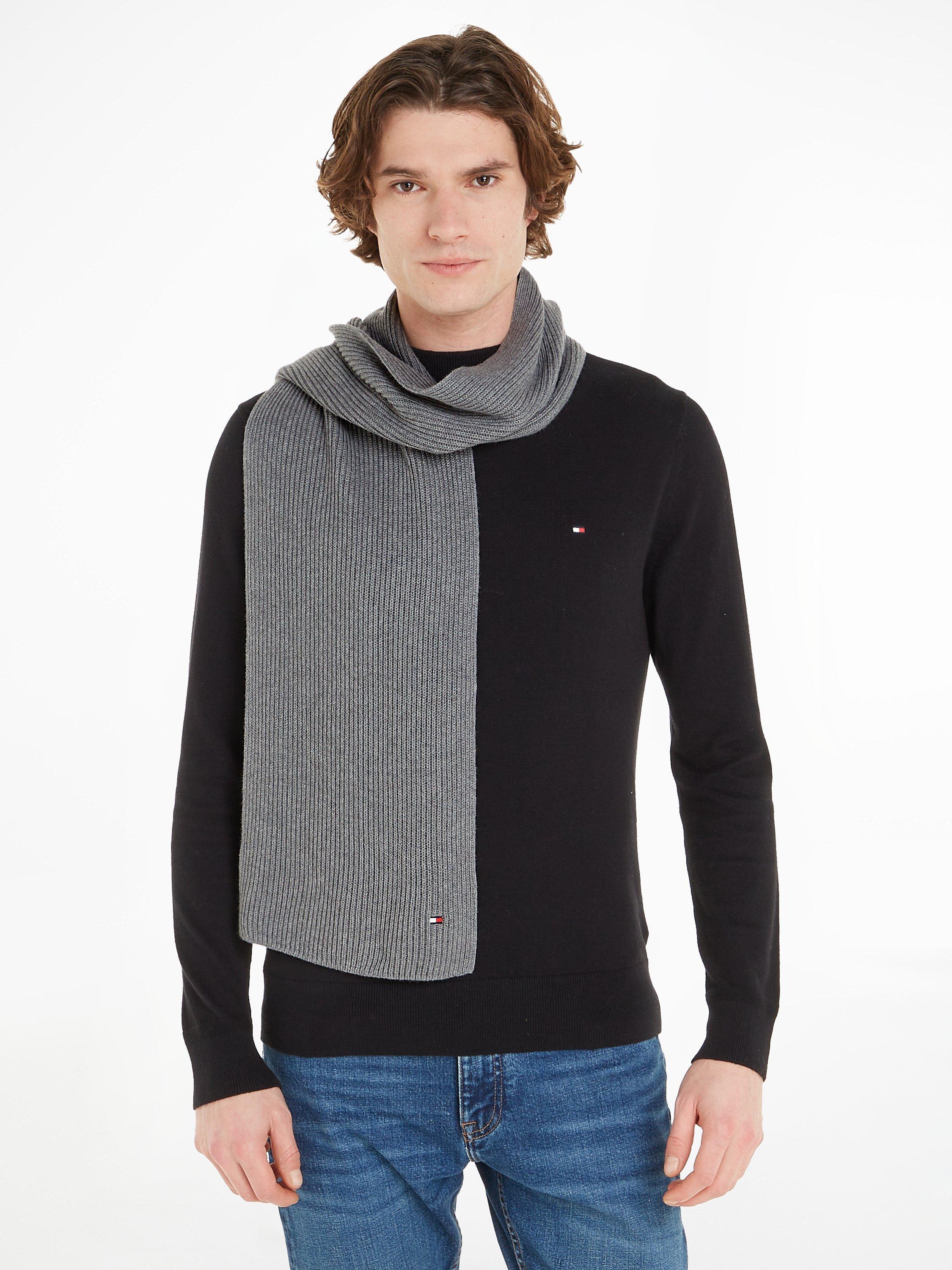 Tommy Hilfiger Essential Flag Knitted Cashmere and Organic Cotton Blend Scarf, Mid Grey Heather, One Size