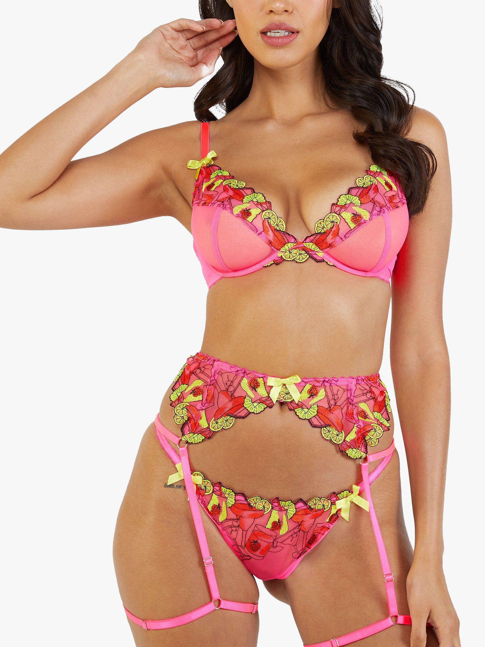 Playful Promises Magda Neon Cocktail Embroidery Suspender Belt, Pink/Multi