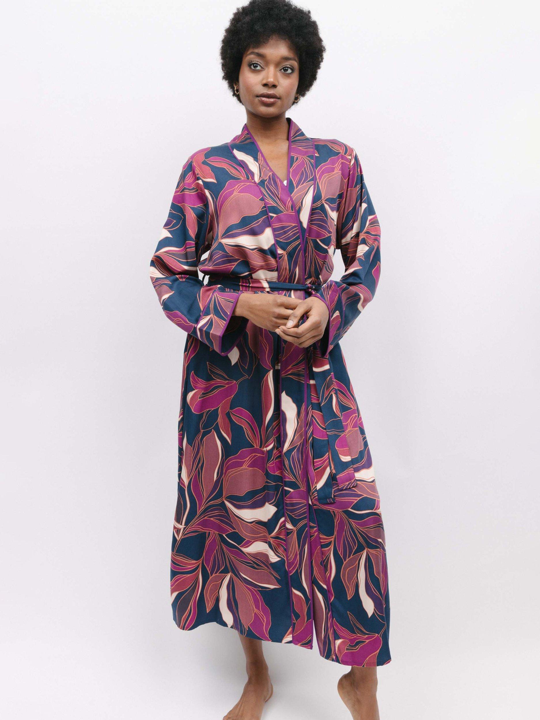 Product image 2 of 5, which shows Fable & Eve Southbank Leaf Print Long Dressing Gown, Navy, 8