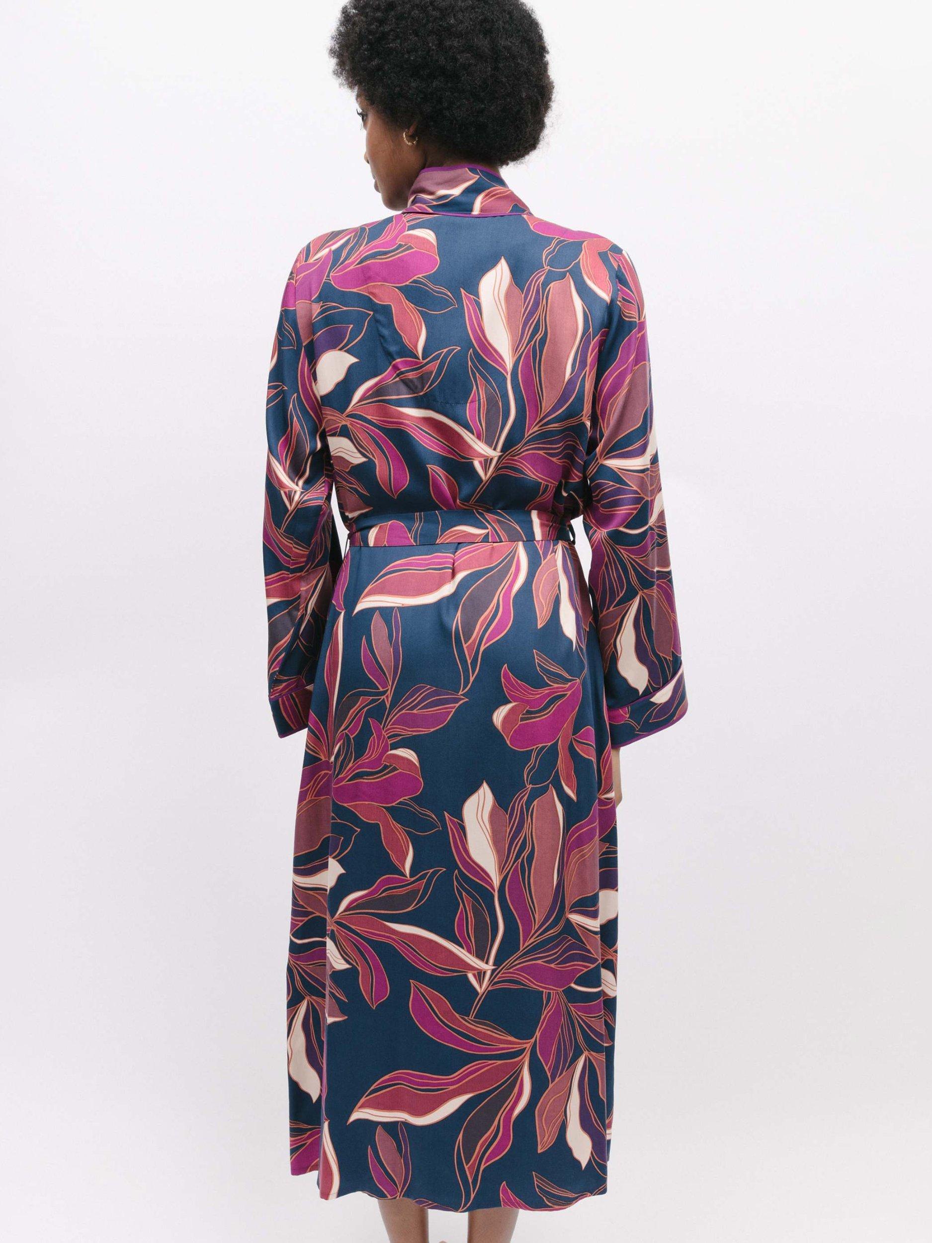 Product image 3 of 5, which shows Fable & Eve Southbank Leaf Print Long Dressing Gown, Navy, 8
