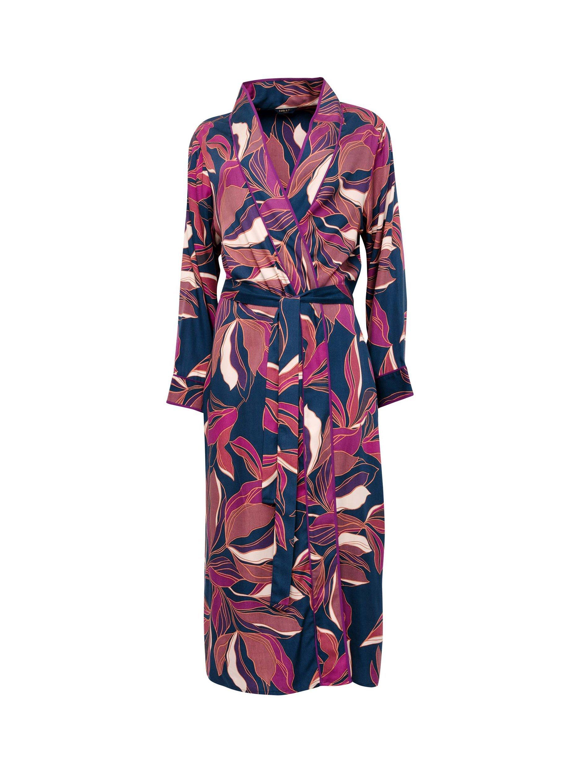 Product image 4 of 5, which shows Fable & Eve Southbank Leaf Print Long Dressing Gown, Navy, 8