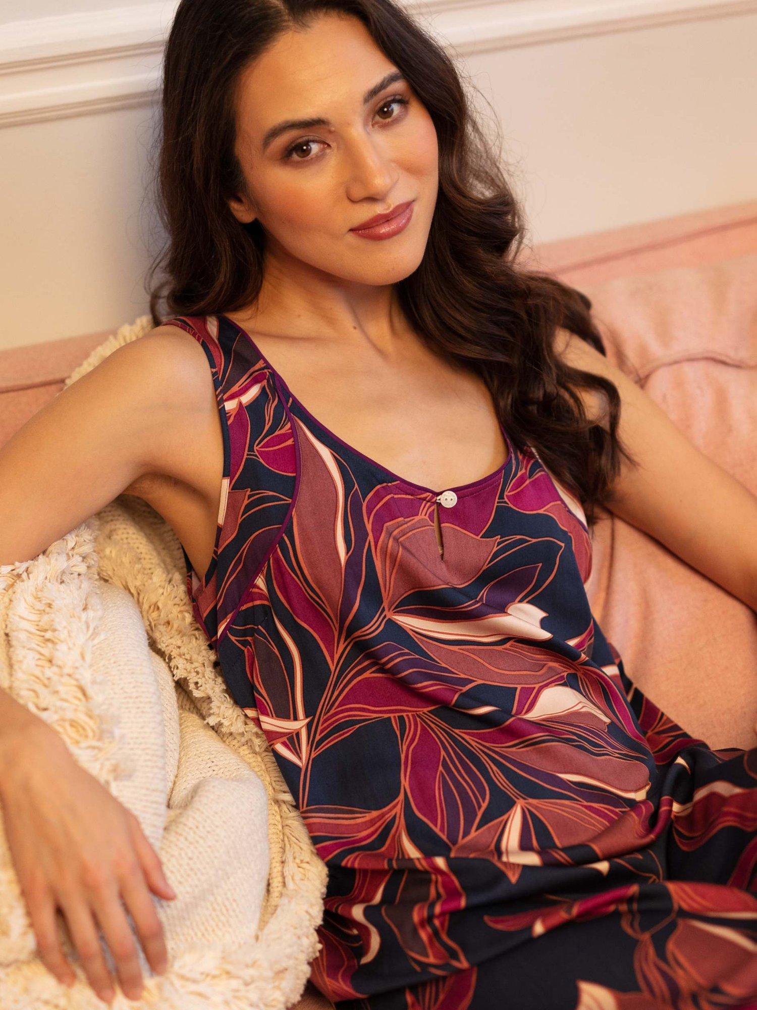 Product image 1 of 4, which shows Fable & Eve Southbank Leaf Print Long Nightdress, Navy, 8