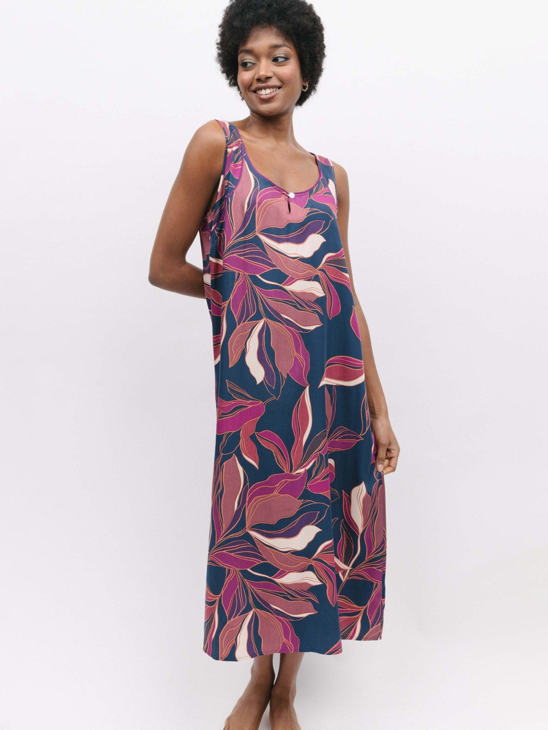 Product image 2 of 4, which shows Fable & Eve Southbank Leaf Print Long Nightdress, Navy, 8