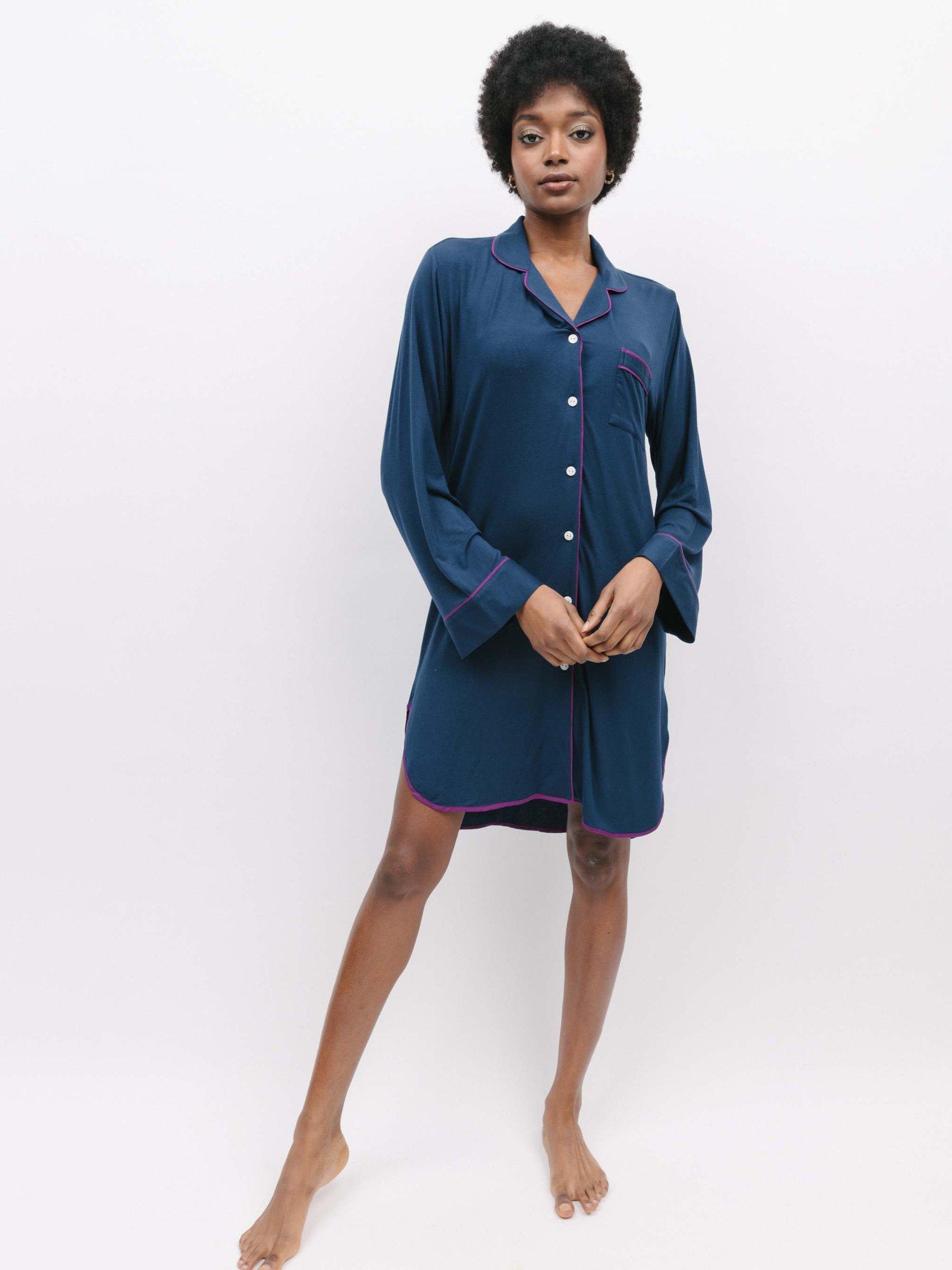 Product image 2 of 5, which shows Fable & Eve Southbank Knitted Long Sleeve Nightshirt, Navy, 16