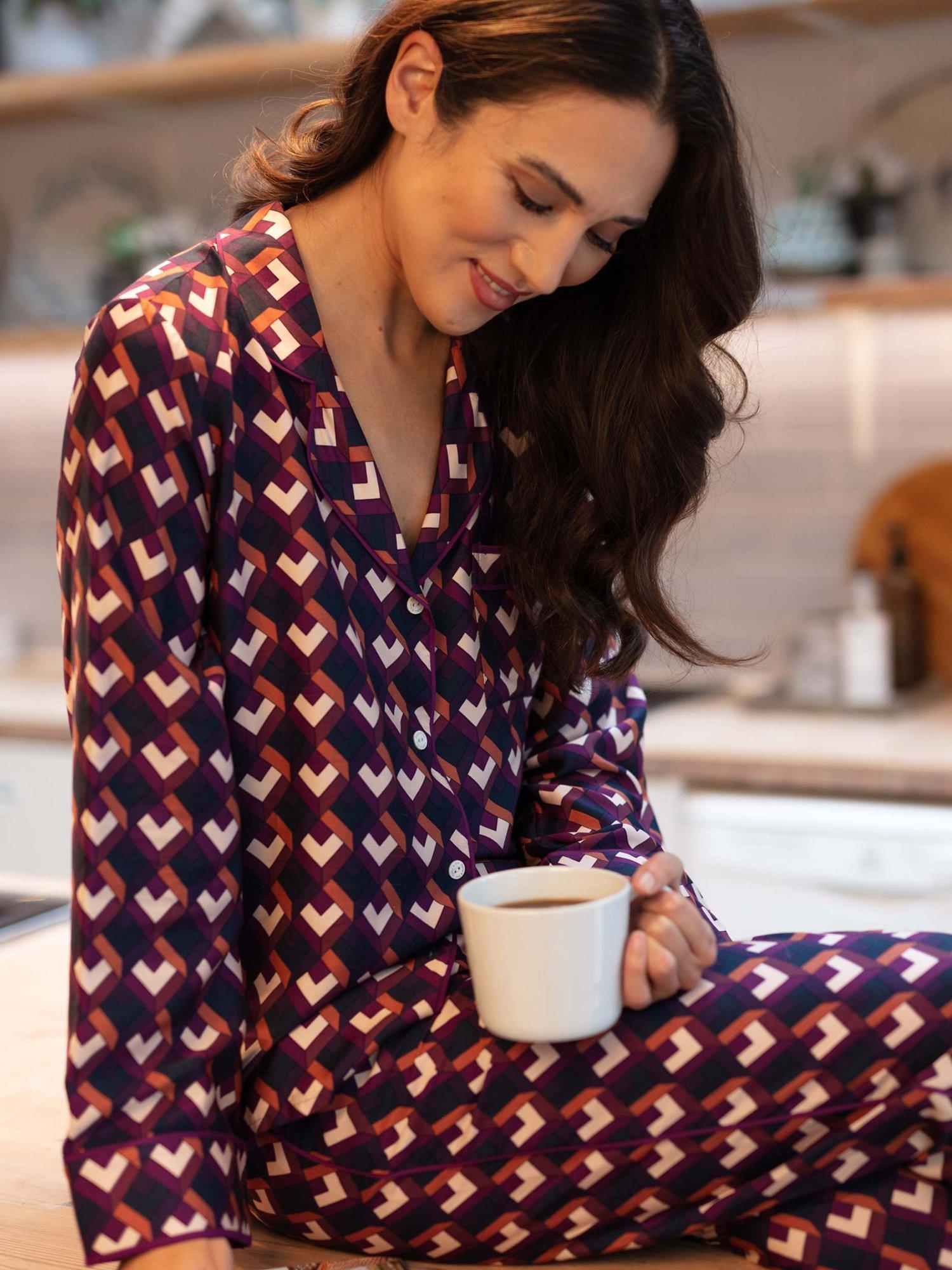 Product image 1 of 4, which shows Fable & Eve Southbank Geo Print Long Sleeve Pyjama Set, Navy, 16