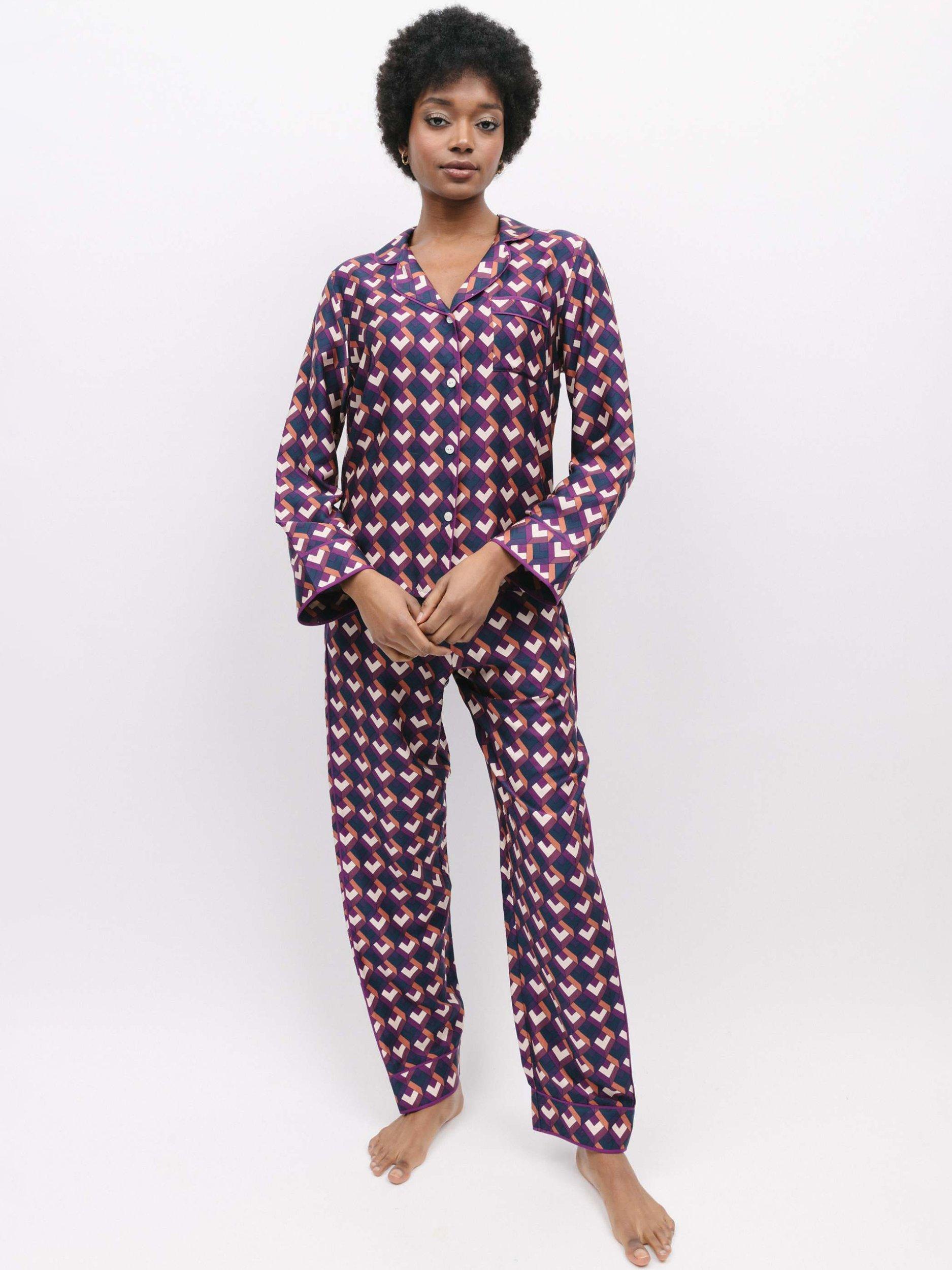Product image 2 of 4, which shows Fable & Eve Southbank Geo Print Long Sleeve Pyjama Set, Navy, 16