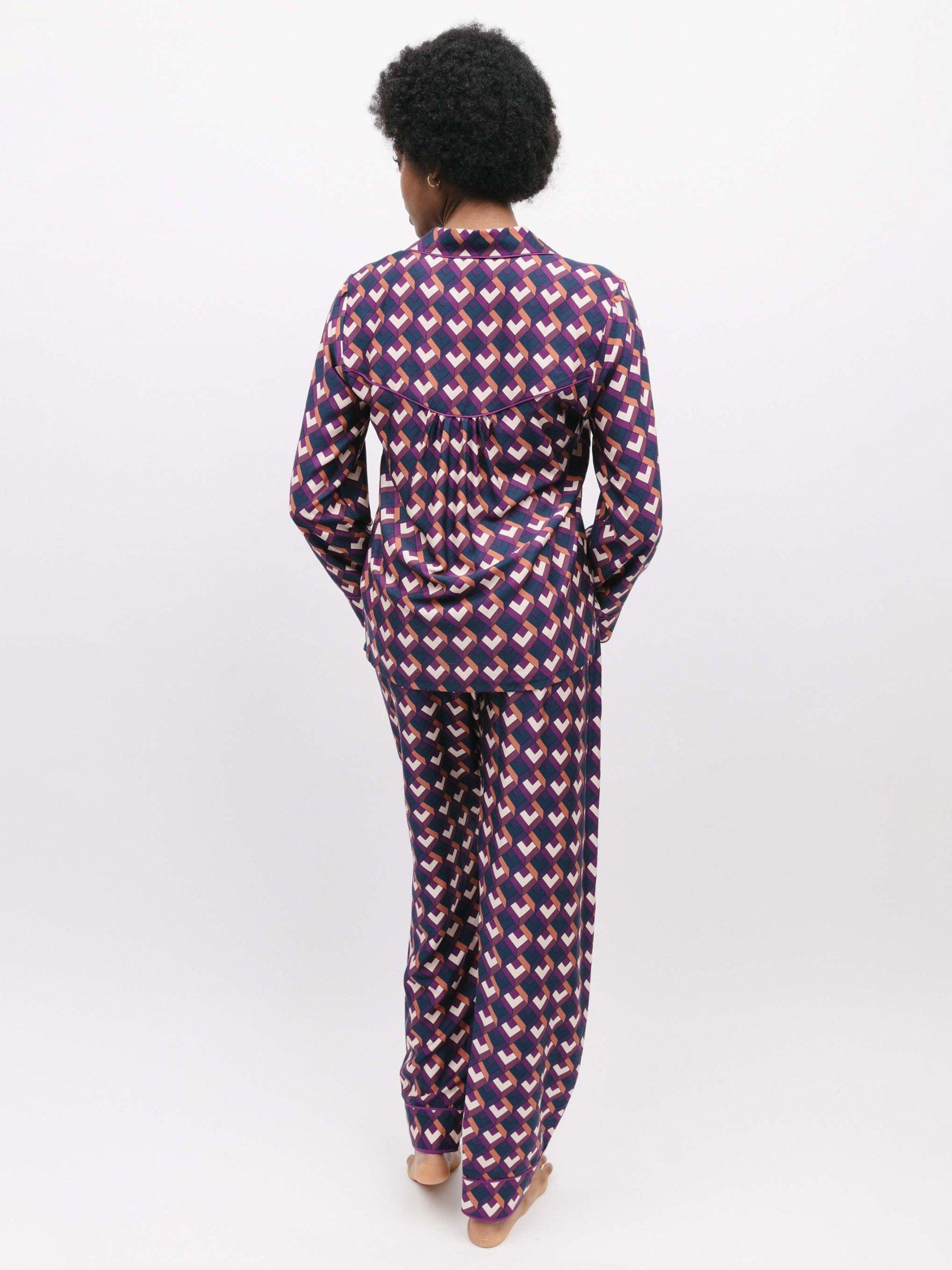 Product image 3 of 4, which shows Fable & Eve Southbank Geo Print Long Sleeve Pyjama Set, Navy, 16
