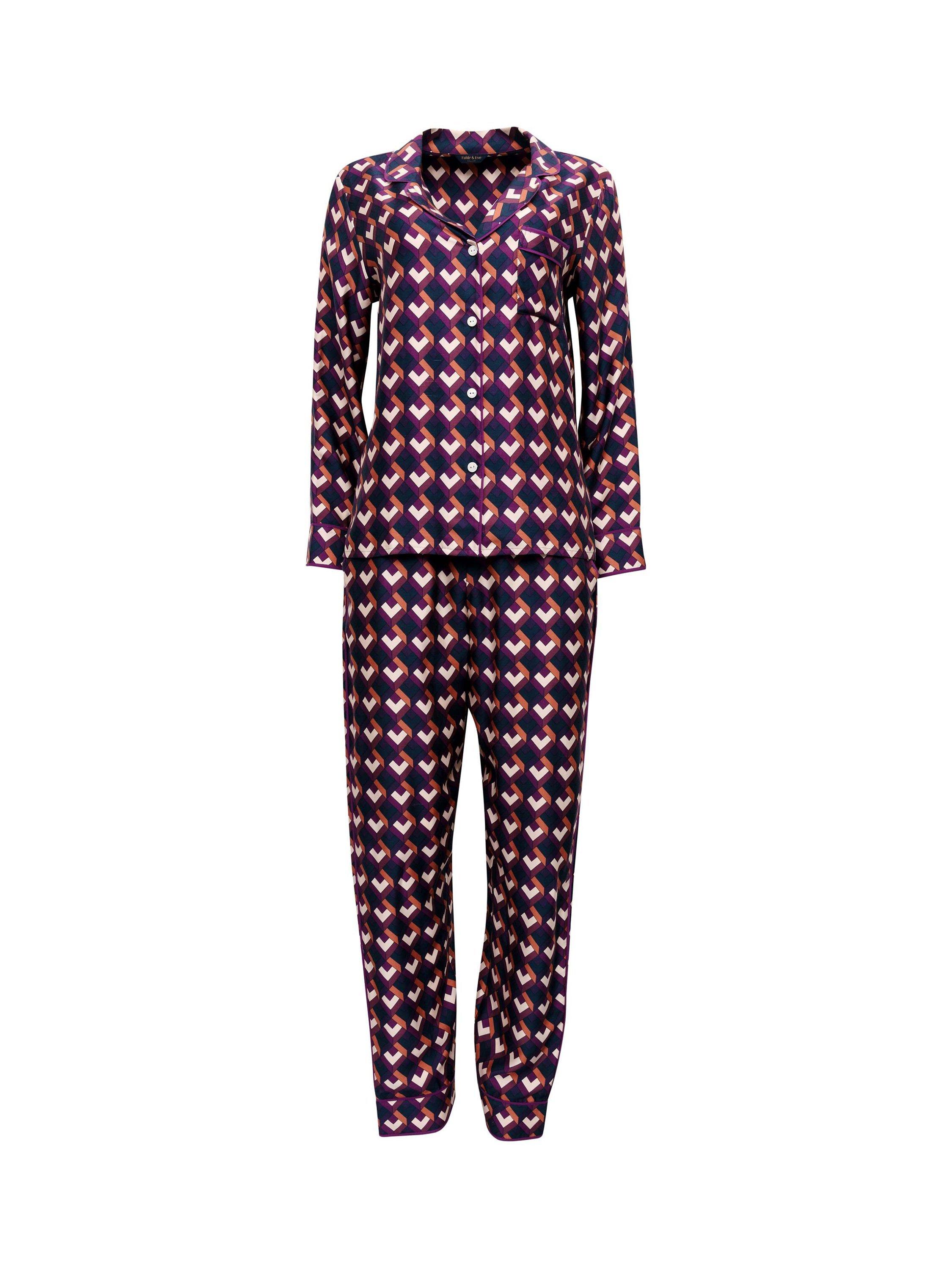 Product image 4 of 4, which shows Fable & Eve Southbank Geo Print Long Sleeve Pyjama Set, Navy, 16