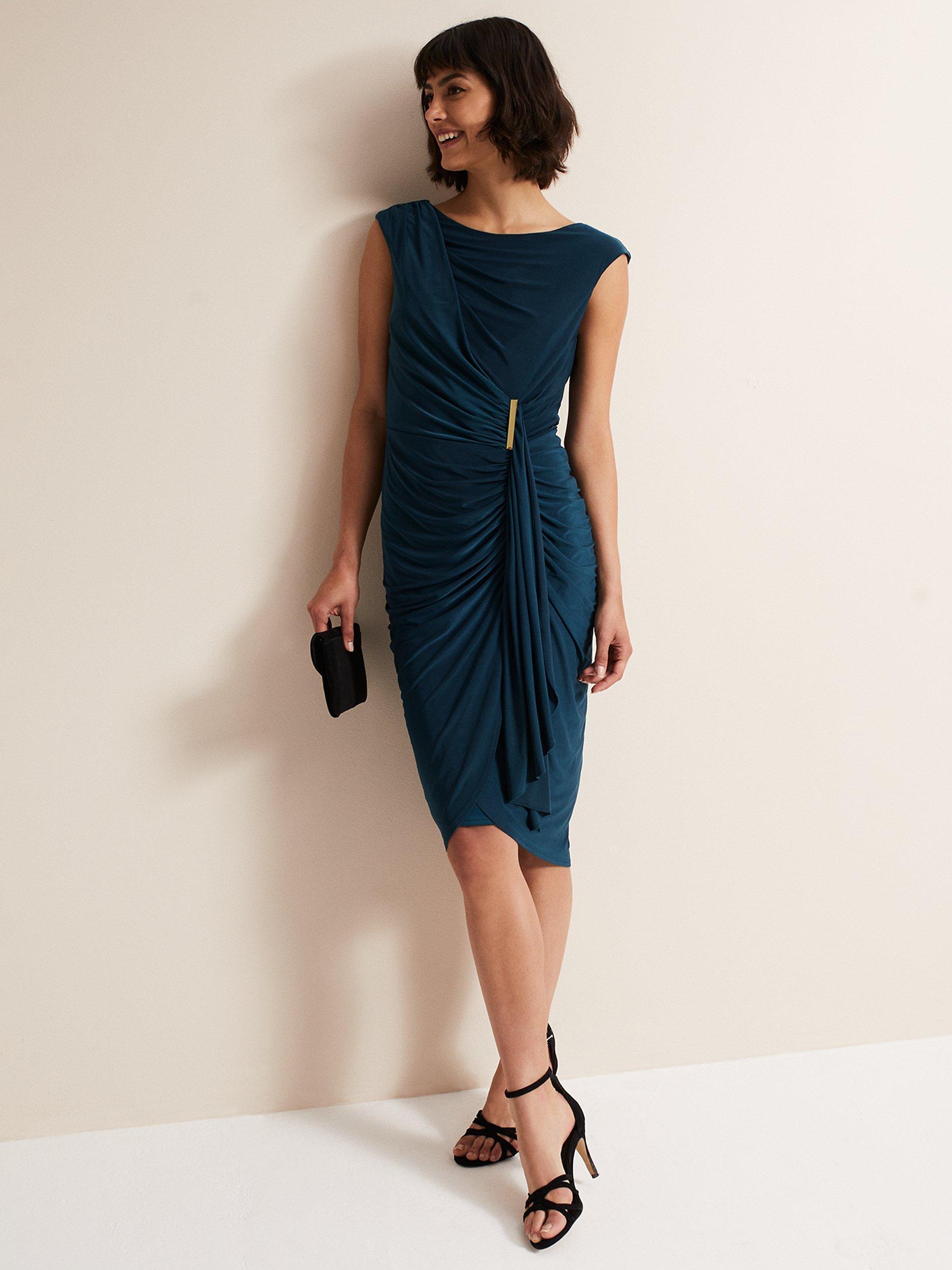Product image 1 of 6, which shows Phase Eight Donna Draped V-Back Dress, Teal, 26