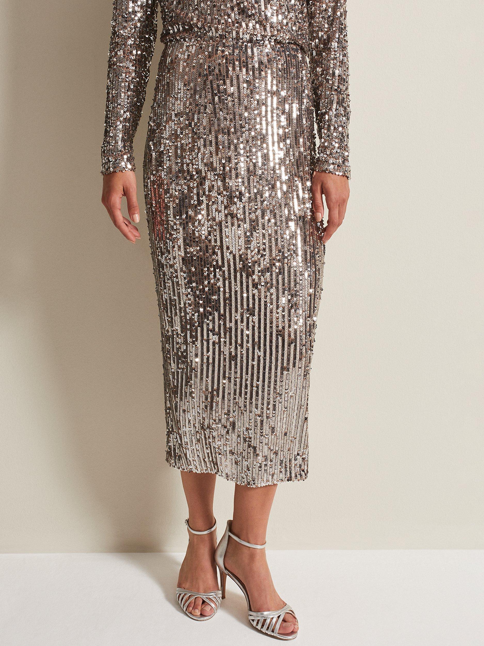 Phase Eight Milani Sequin Pencil Midi Skirt, Silver