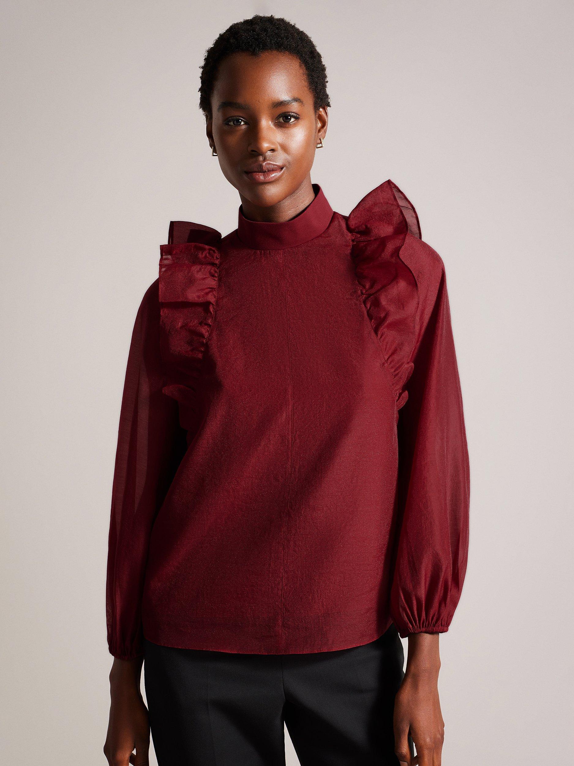 Ted Baker Aubreei Knit Rib Collar Balloon Sleeves Top, Dark Red