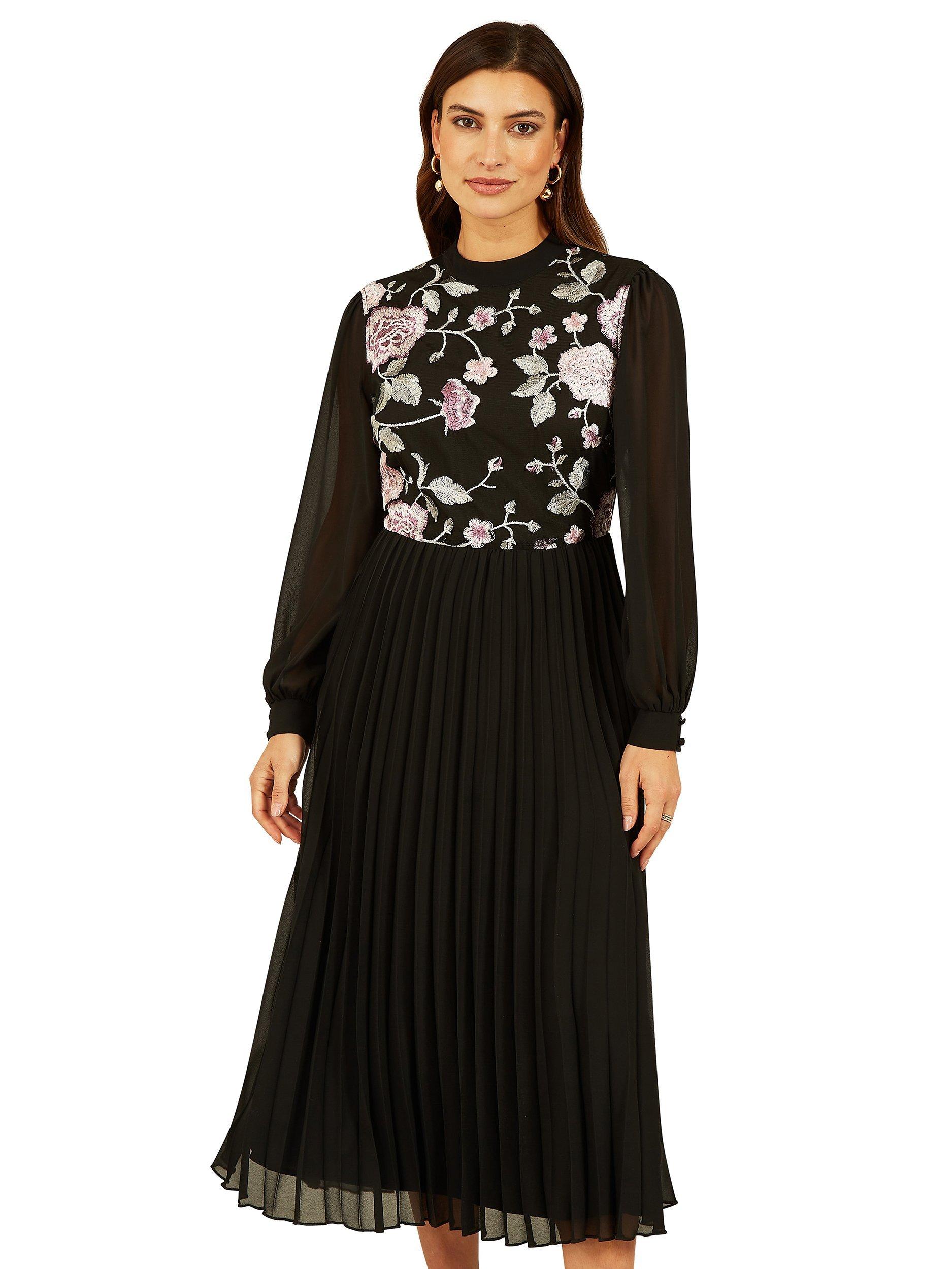 Yumi Long Sleeve Embroidered Midi Pleated Dress, Black