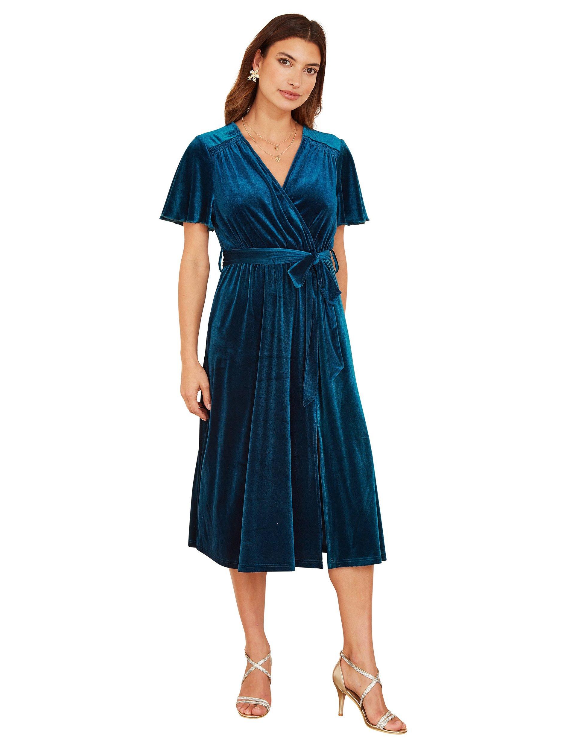Product image 1 of 6, which shows Yumi Velvet Wrap Over Midi Dress, Teal, 18