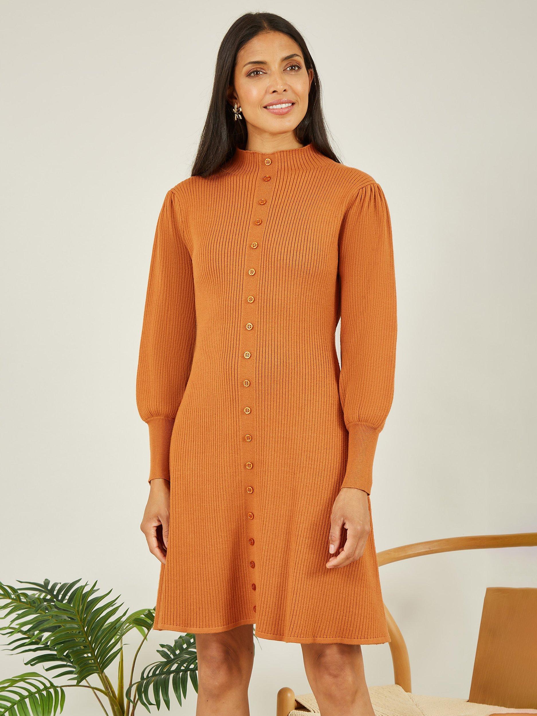 Product image 1 of 4, which shows Yumi Knitted Button Up Midi Dress, Burnt Orange, S