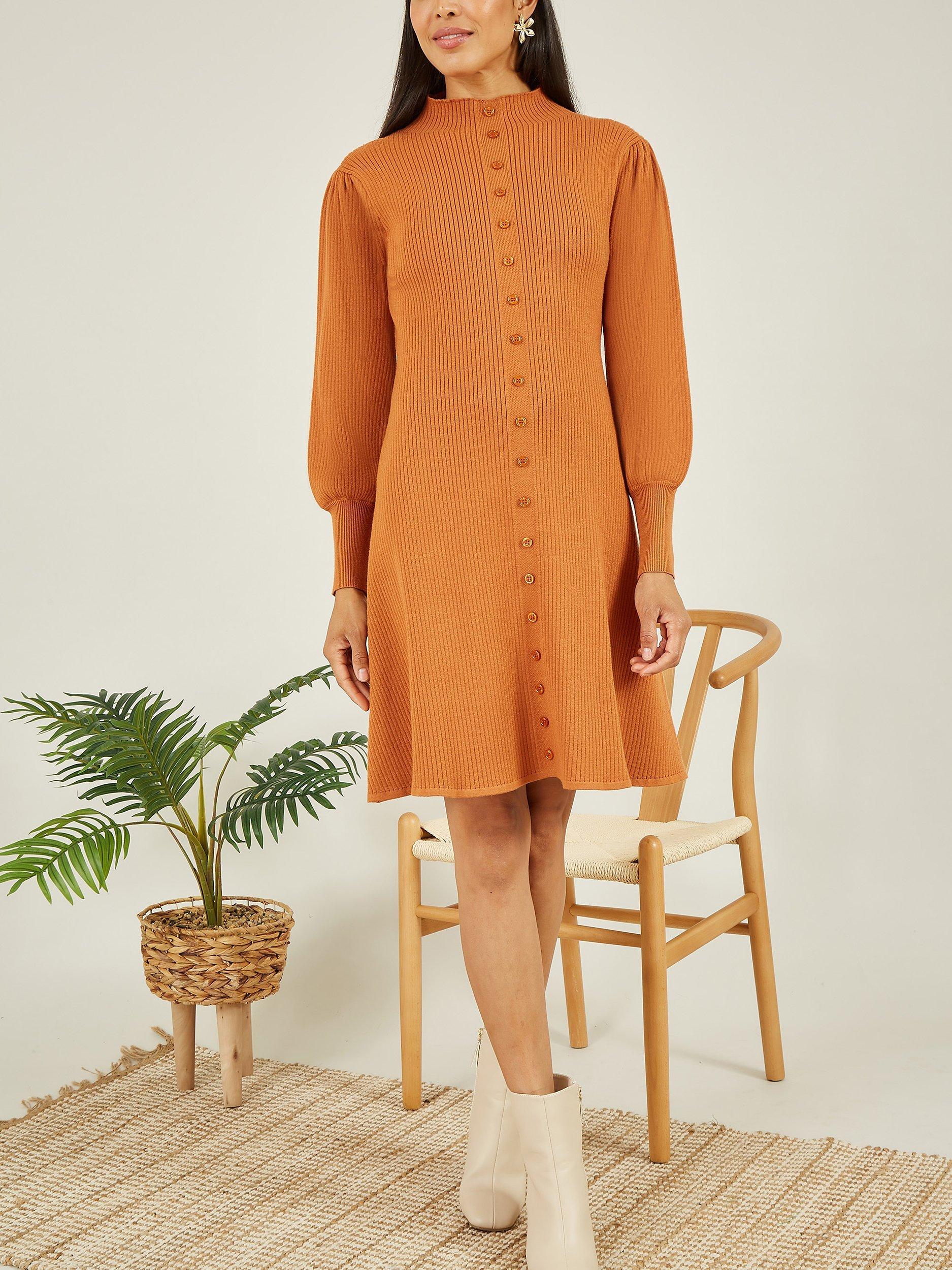 Product image 2 of 4, which shows Yumi Knitted Button Up Midi Dress, Burnt Orange, S