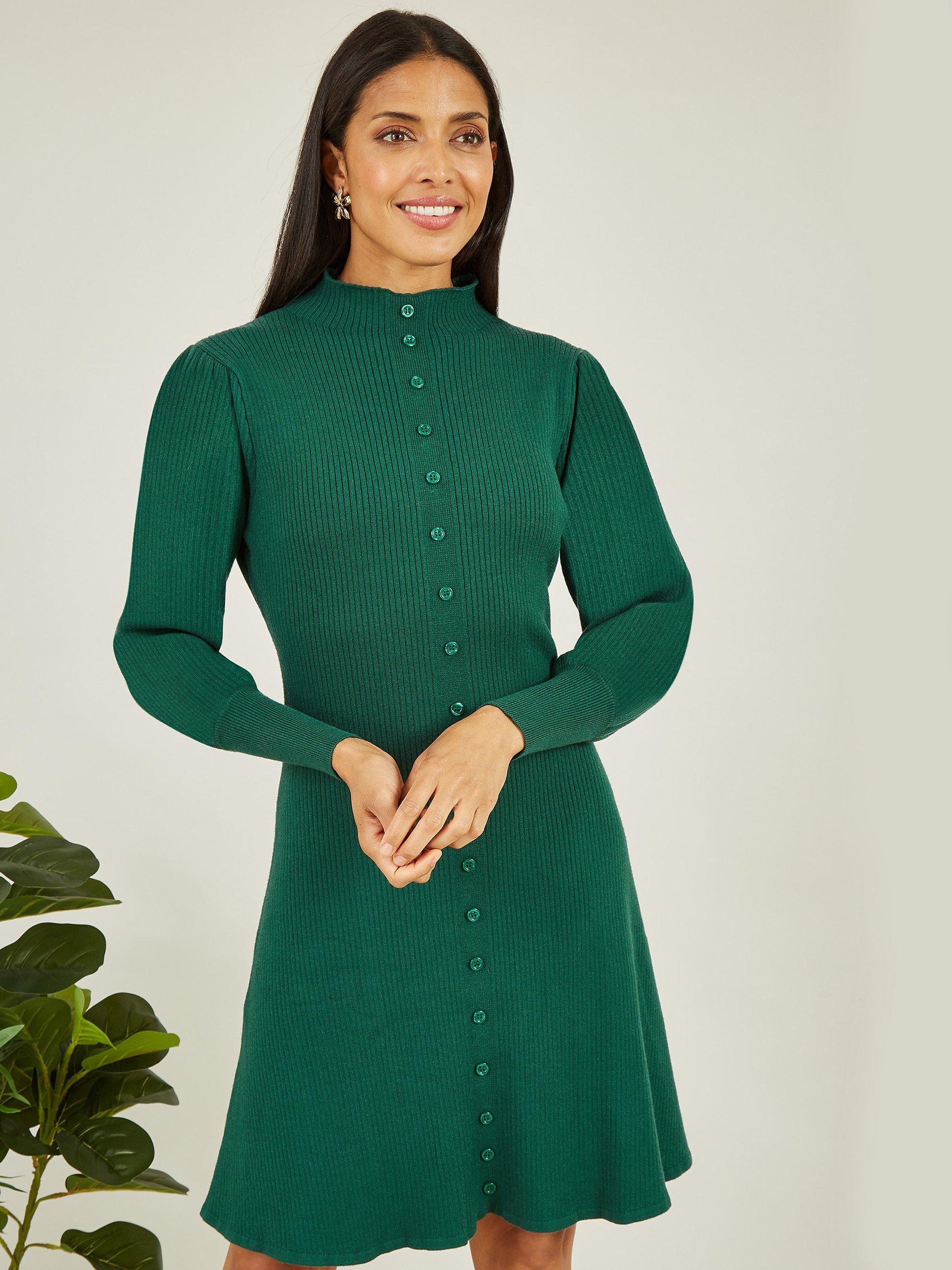 Yumi Knitted Button Up Knee Length Dress Green