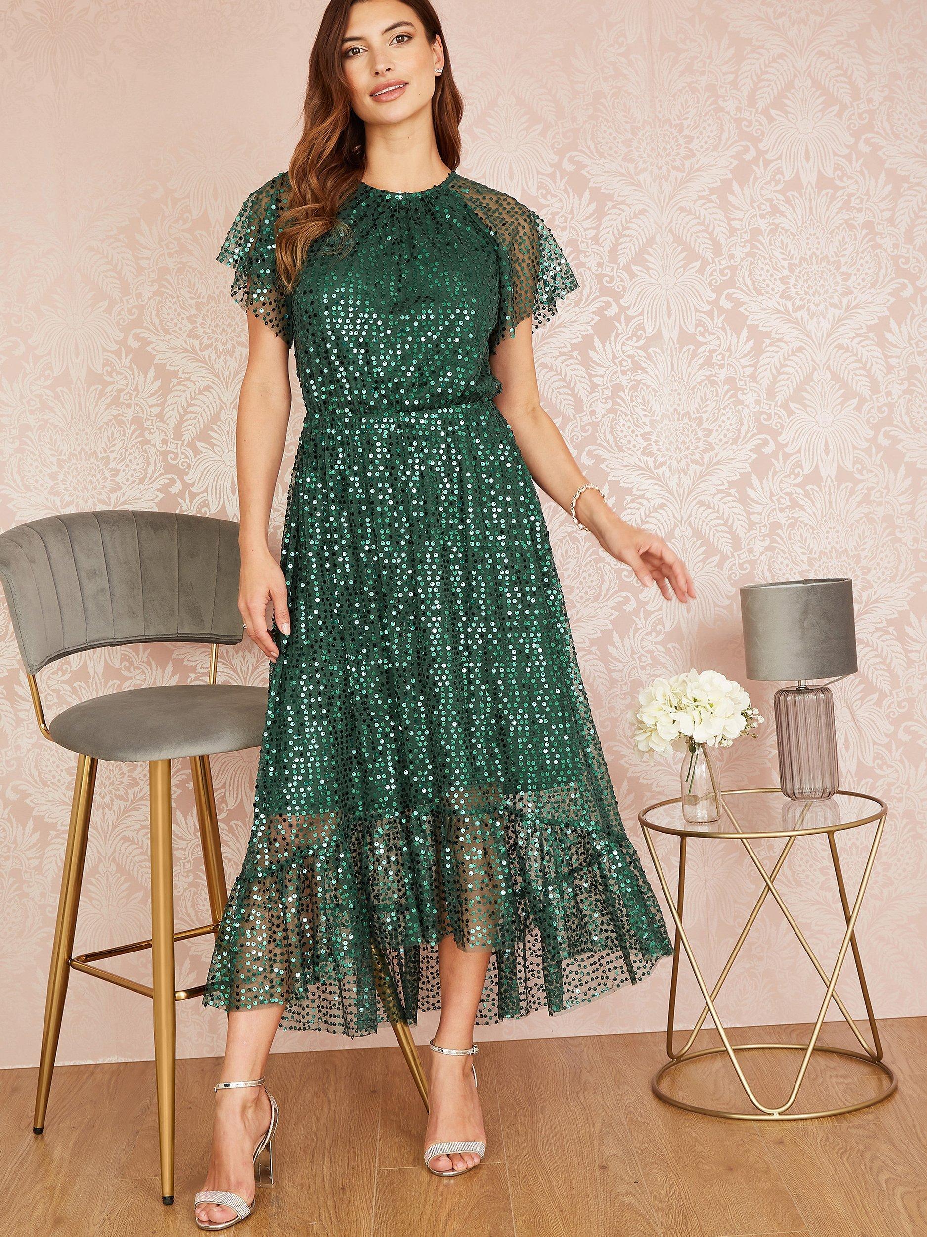 Yumi Sequin Angel Sleeve Midi Dress, Green