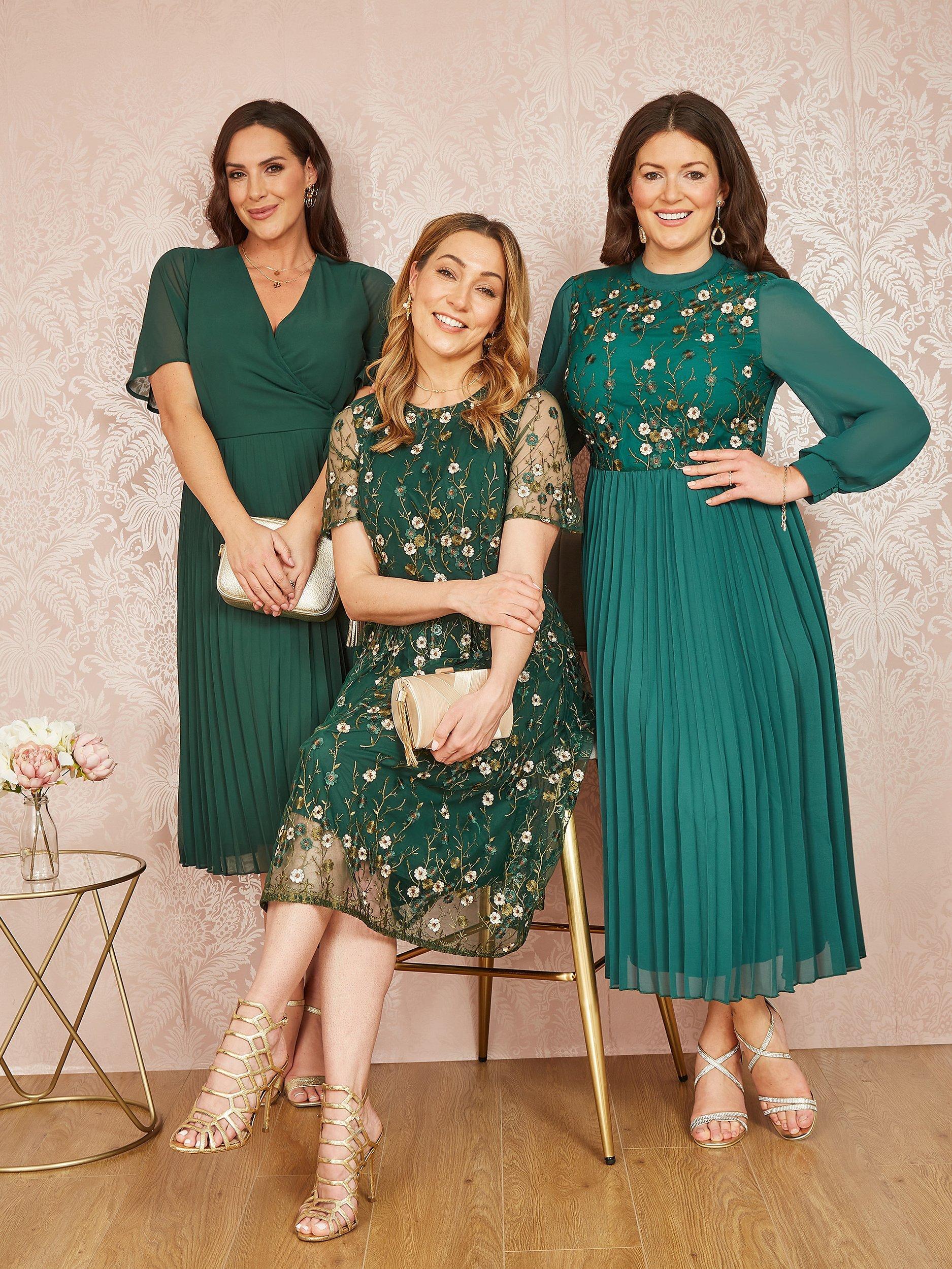 Product image 2 of 6, which shows Yumi Embroidered Long Sleeve Pleated Midi Dress, Green, 8