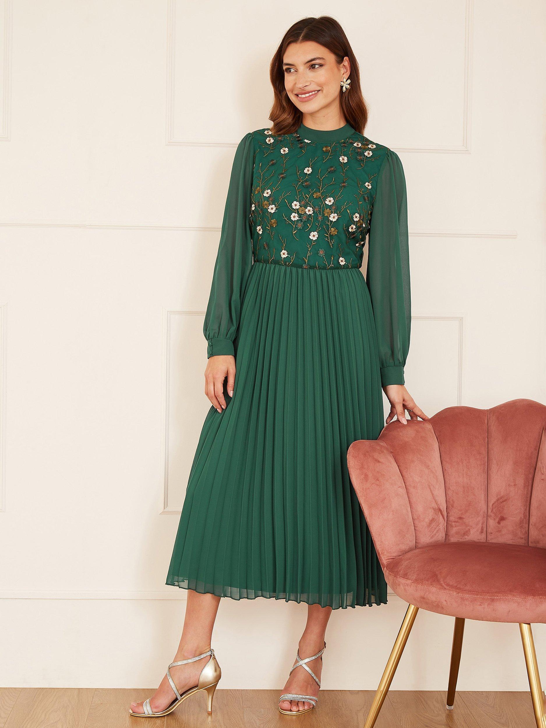 Product image 3 of 6, which shows Yumi Embroidered Long Sleeve Pleated Midi Dress, Green, 8