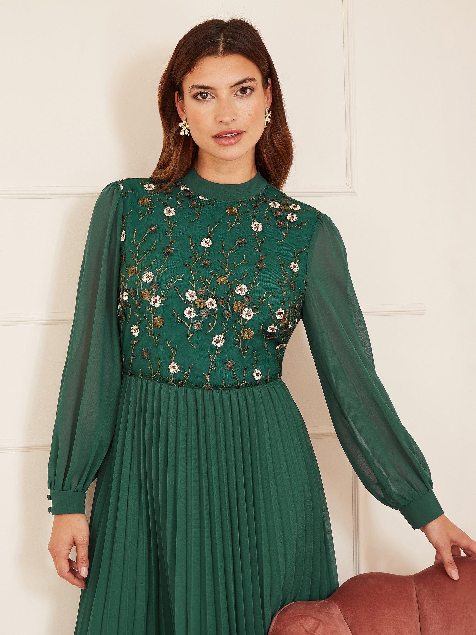 Product image 4 of 6, which shows Yumi Embroidered Long Sleeve Pleated Midi Dress, Green, 8