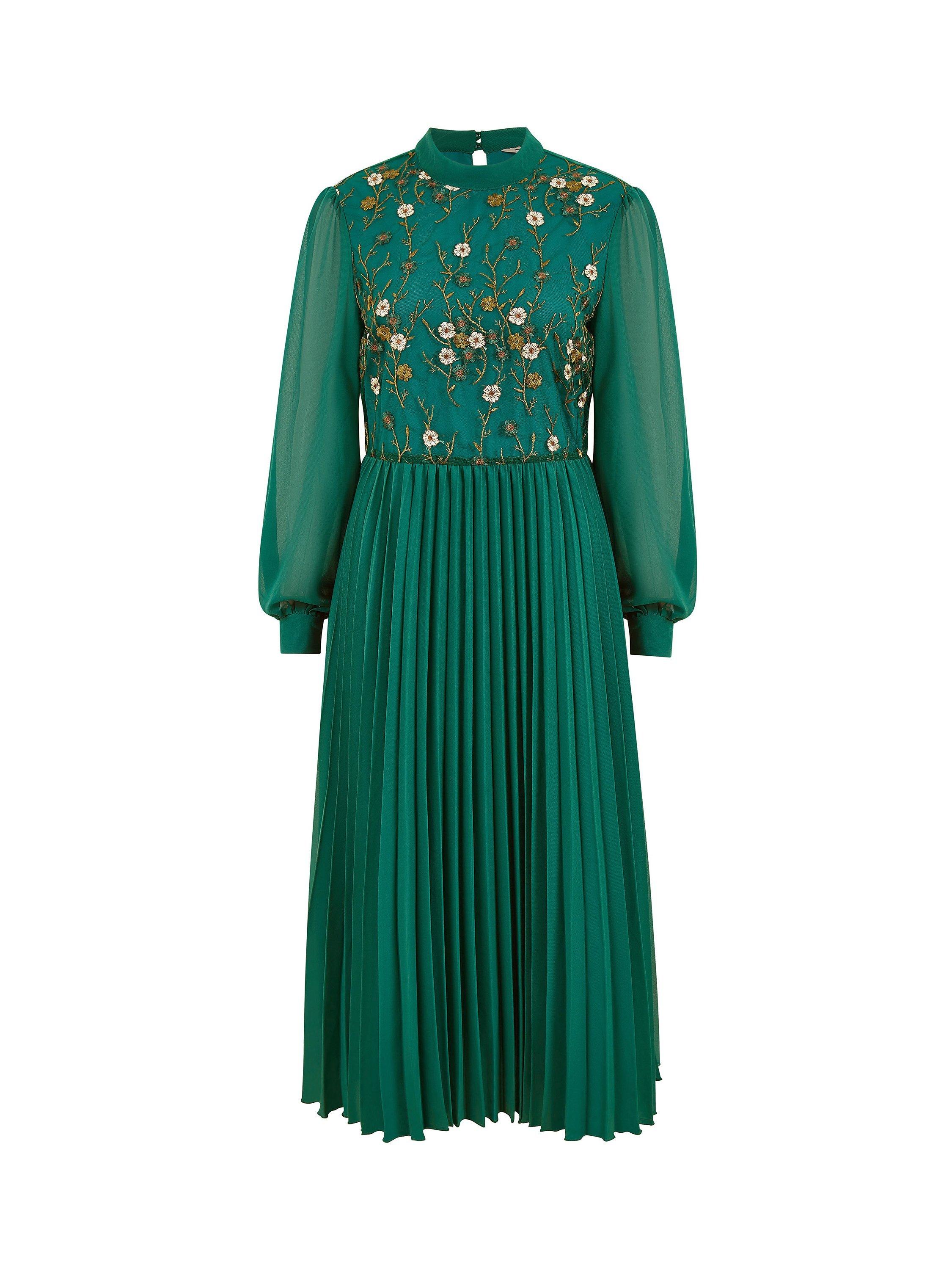 Product image 6 of 6, which shows Yumi Embroidered Long Sleeve Pleated Midi Dress, Green, 8