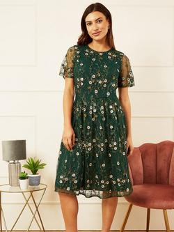 Yumi Embroidered Floral Skater Dress, Green, Green