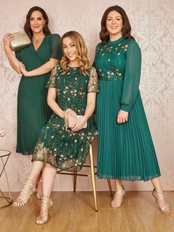 Yumi Embroidered Floral Skater Dress, Green - view 2, Green