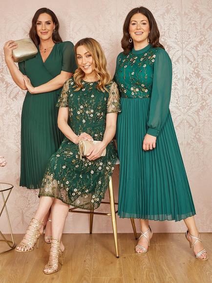 Yumi Embroidered Floral Skater Dress, Green - view 2, Green
