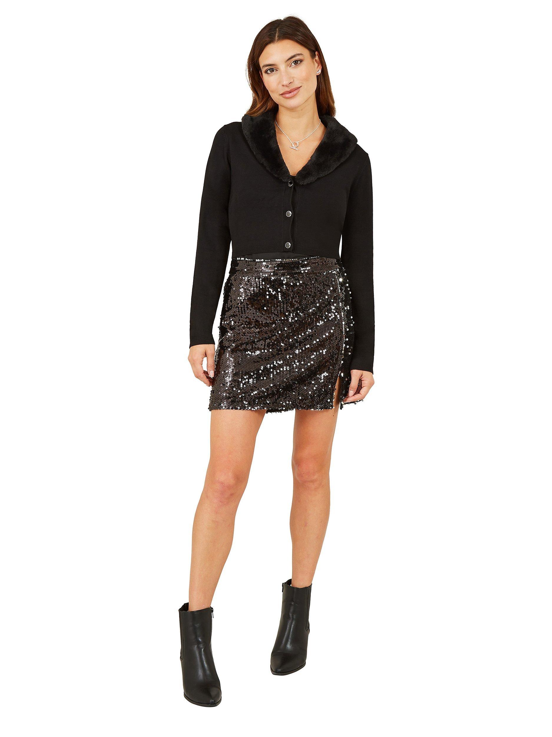 Product image 2 of 5, which shows Yumi Faux Fur Collar Cropped Cardigan, Black, M
