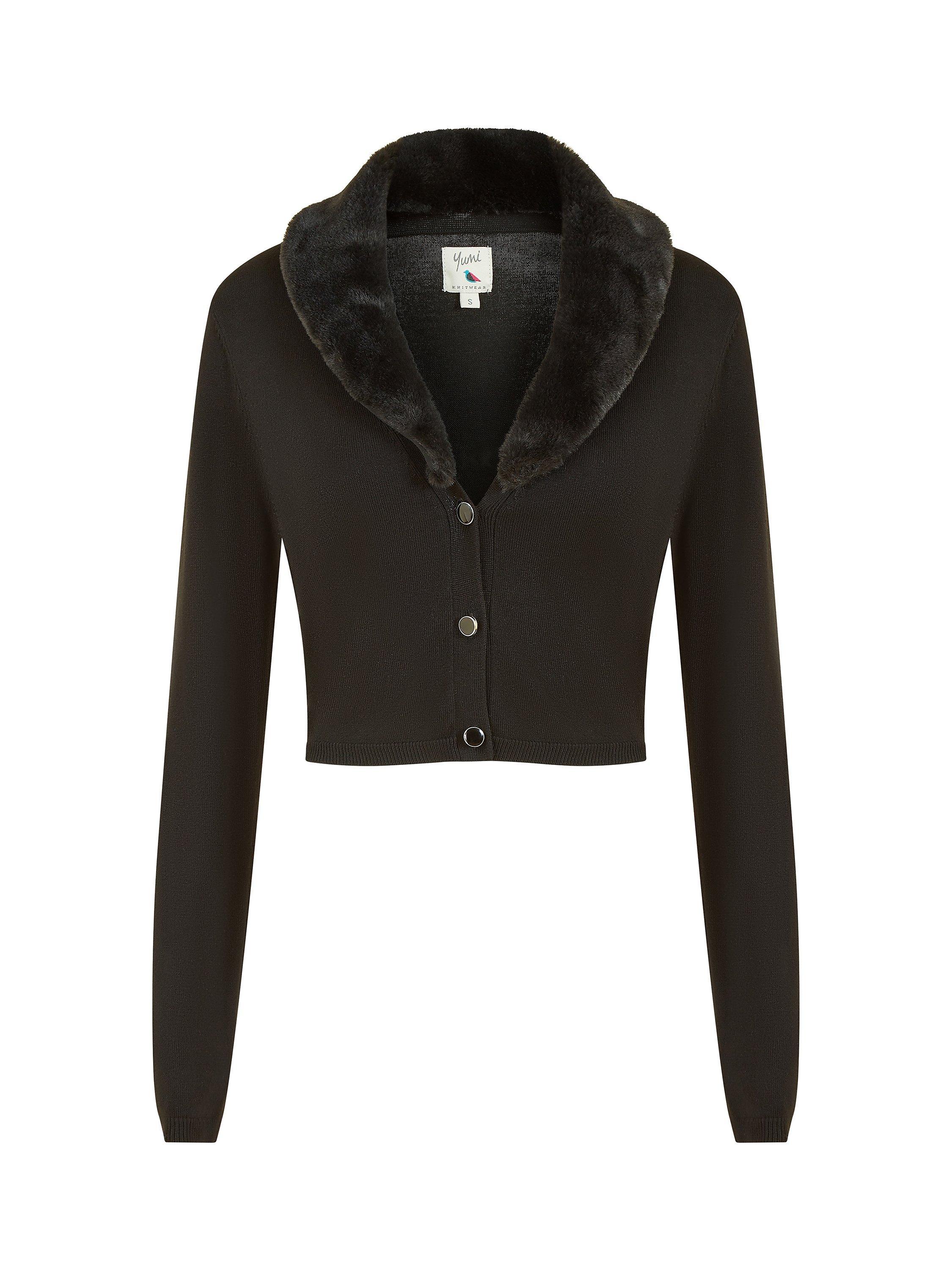 Product image 5 of 5, which shows Yumi Faux Fur Collar Cropped Cardigan, Black, M