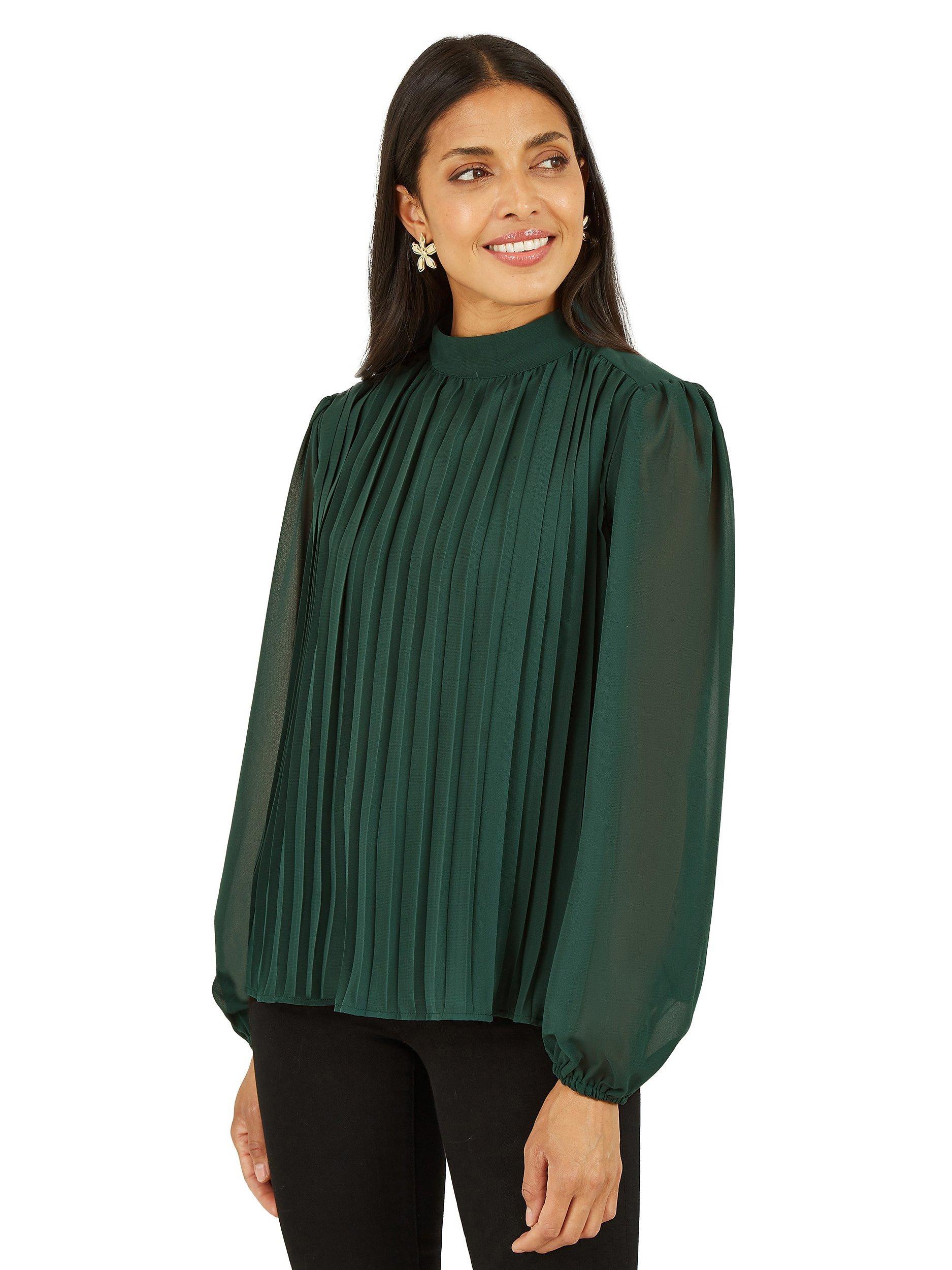 Product image 1 of 3, which shows Yumi Mela London High Neck Pleated Long Sleeve Top, Green, 8