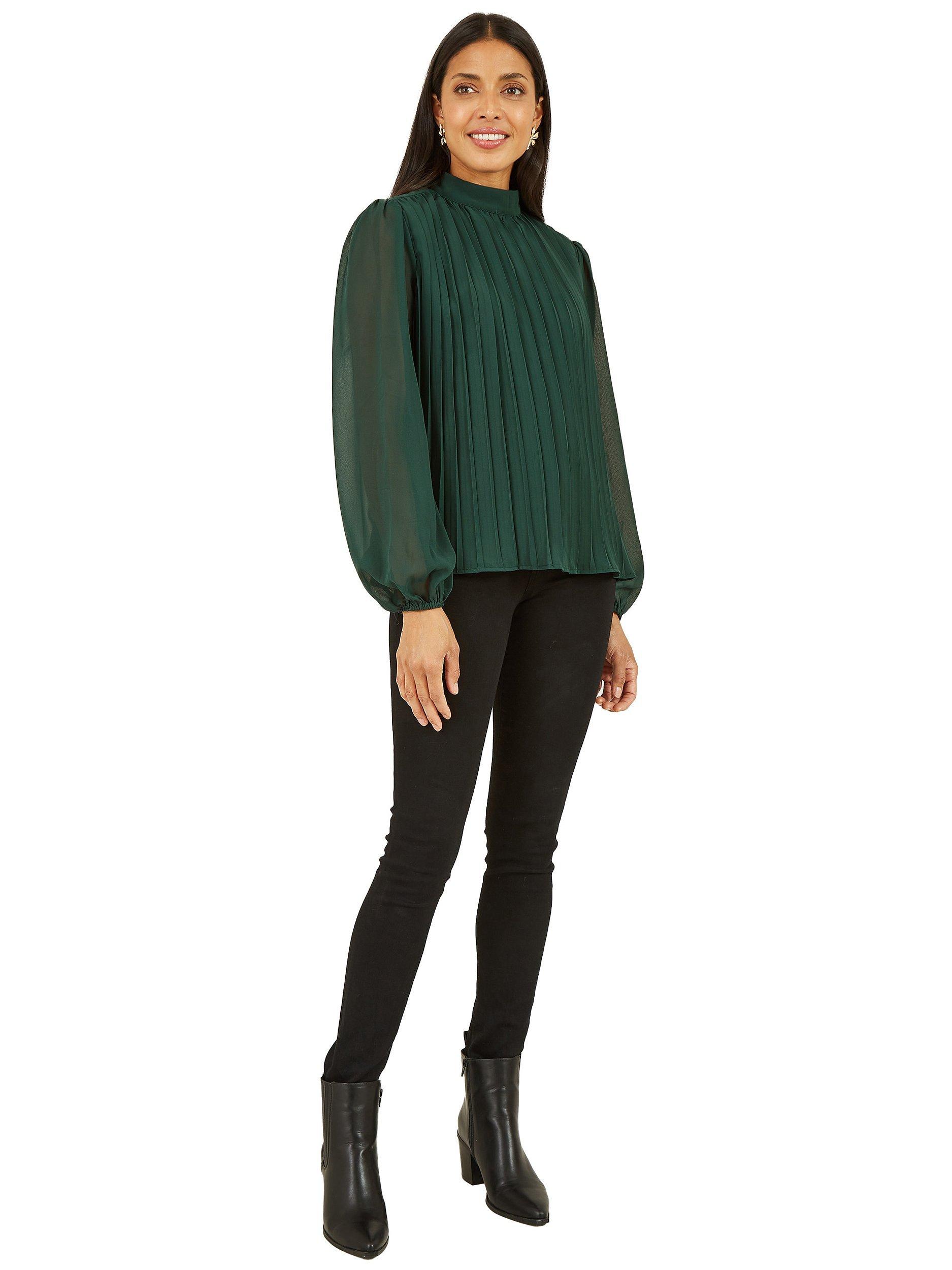 Product image 2 of 3, which shows Yumi Mela London High Neck Pleated Long Sleeve Top, Green, 8