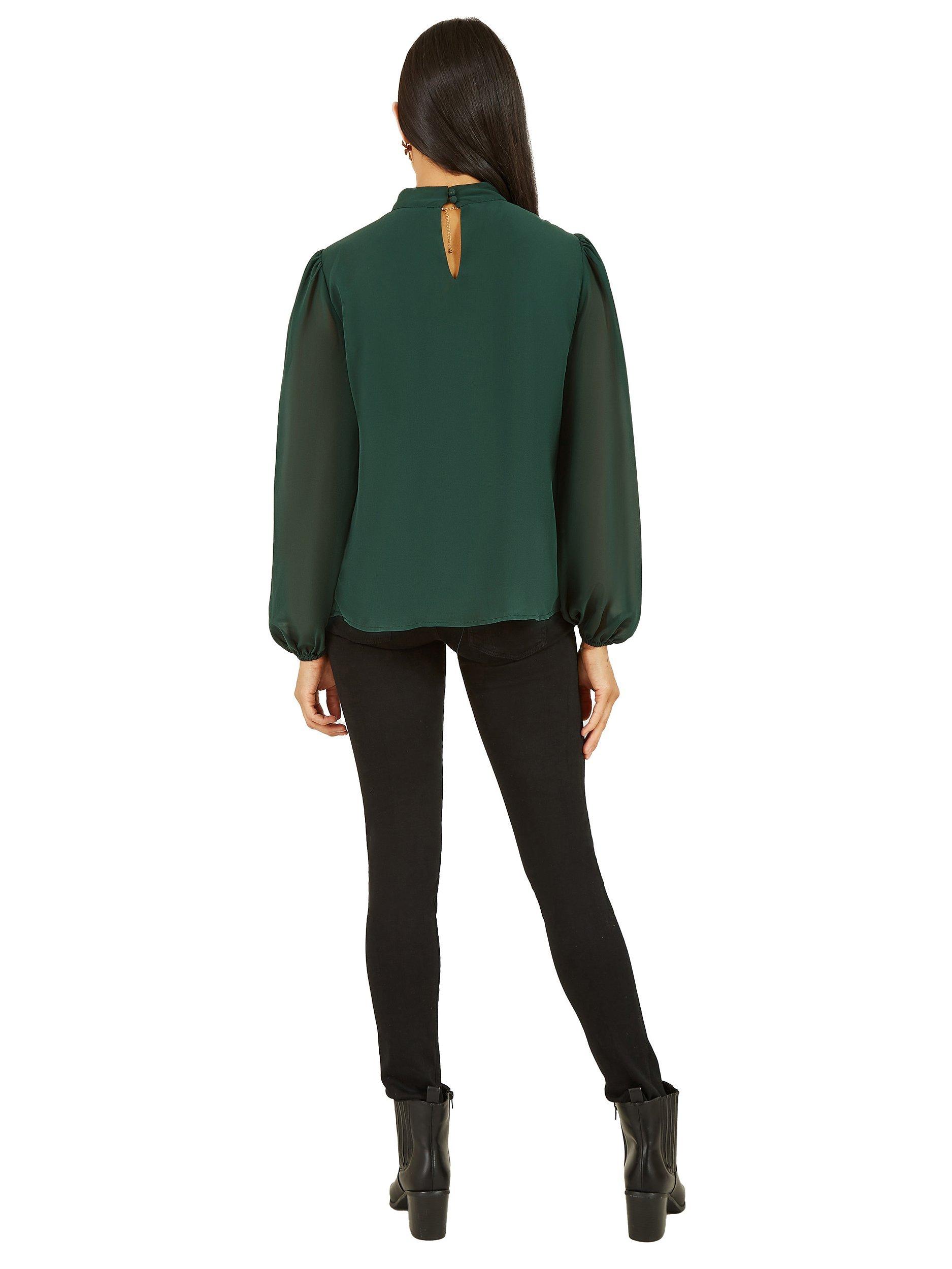 Product image 3 of 3, which shows Yumi Mela London High Neck Pleated Long Sleeve Top, Green, 8
