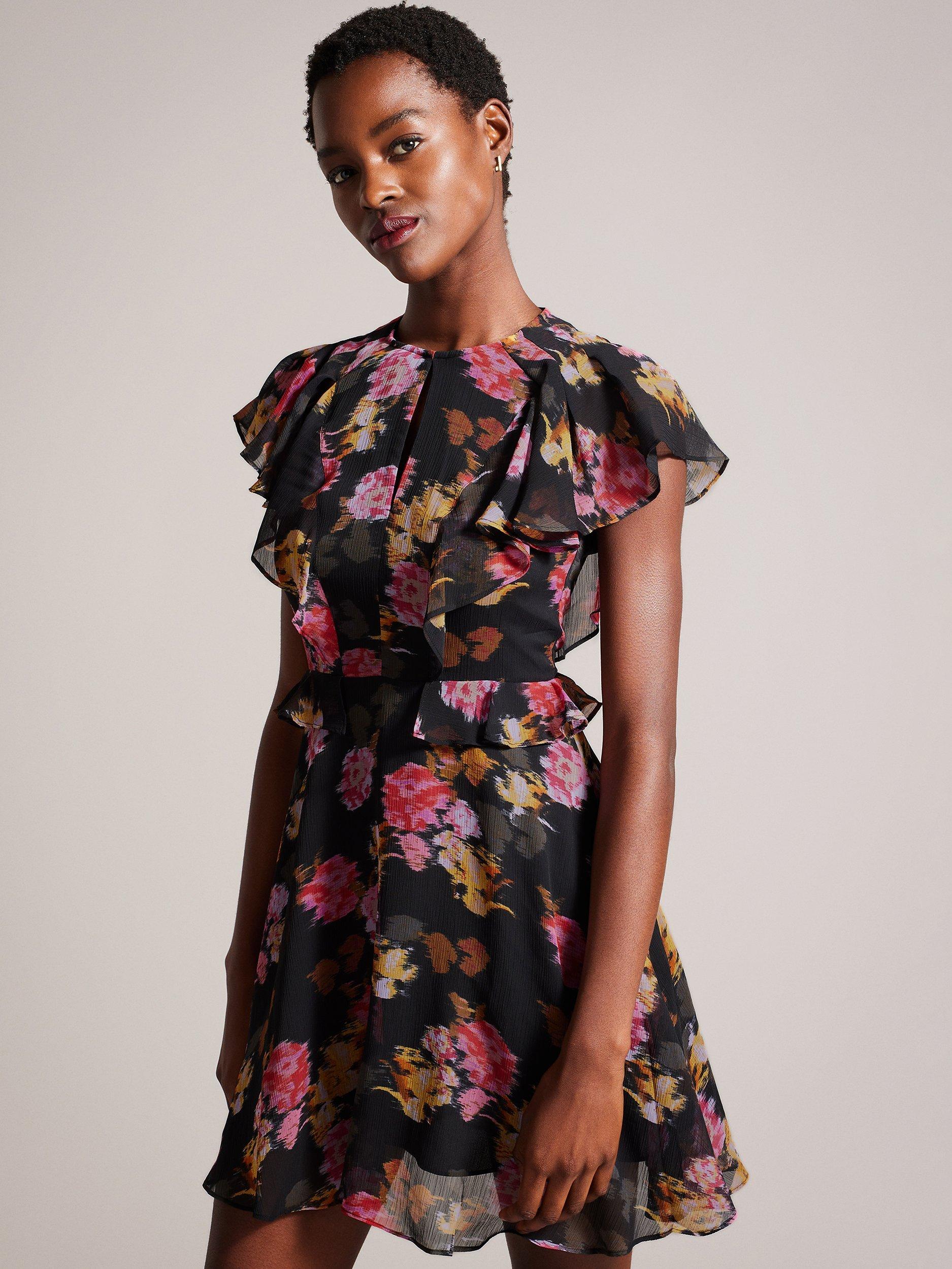 Ted Baker Tiiah Frill Floral Mini Dress, Black/Multi