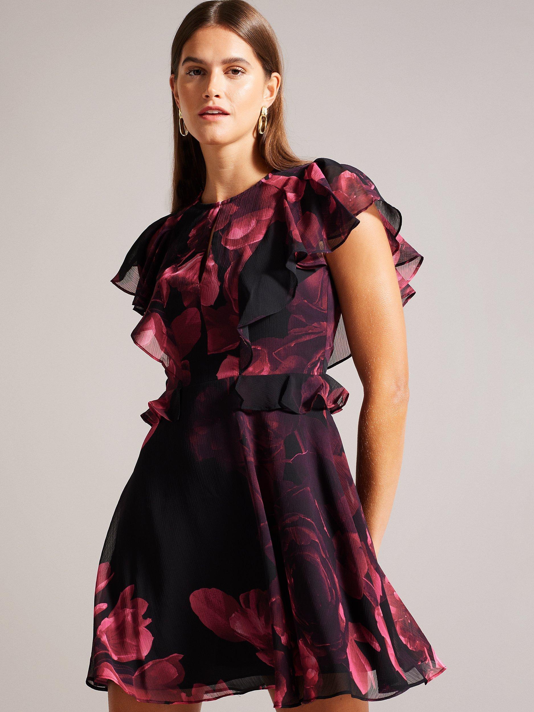 Ted Baker Bretaah Floral Frill Mini Dress, Black/Red