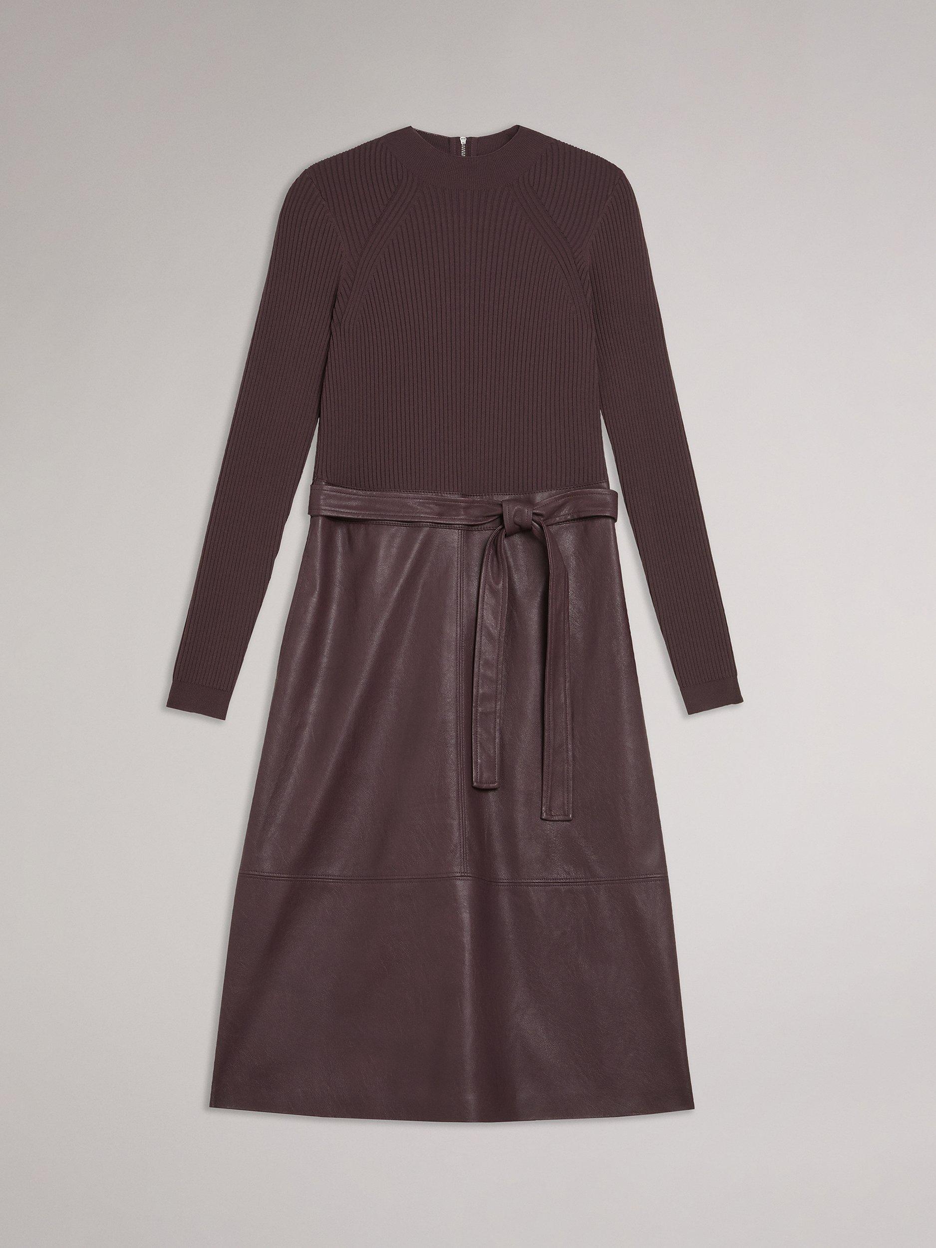 Ted Baker Alltaa Knitted Bodice Dress with Faux Leather Skirt Red Maroon