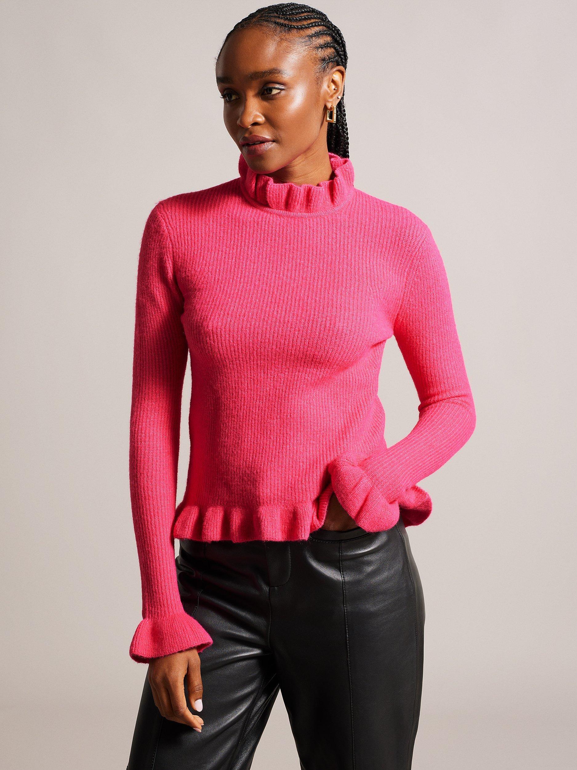 Ted Baker Pipalee Frill Detail Cropped Jumper, Hot Pink
