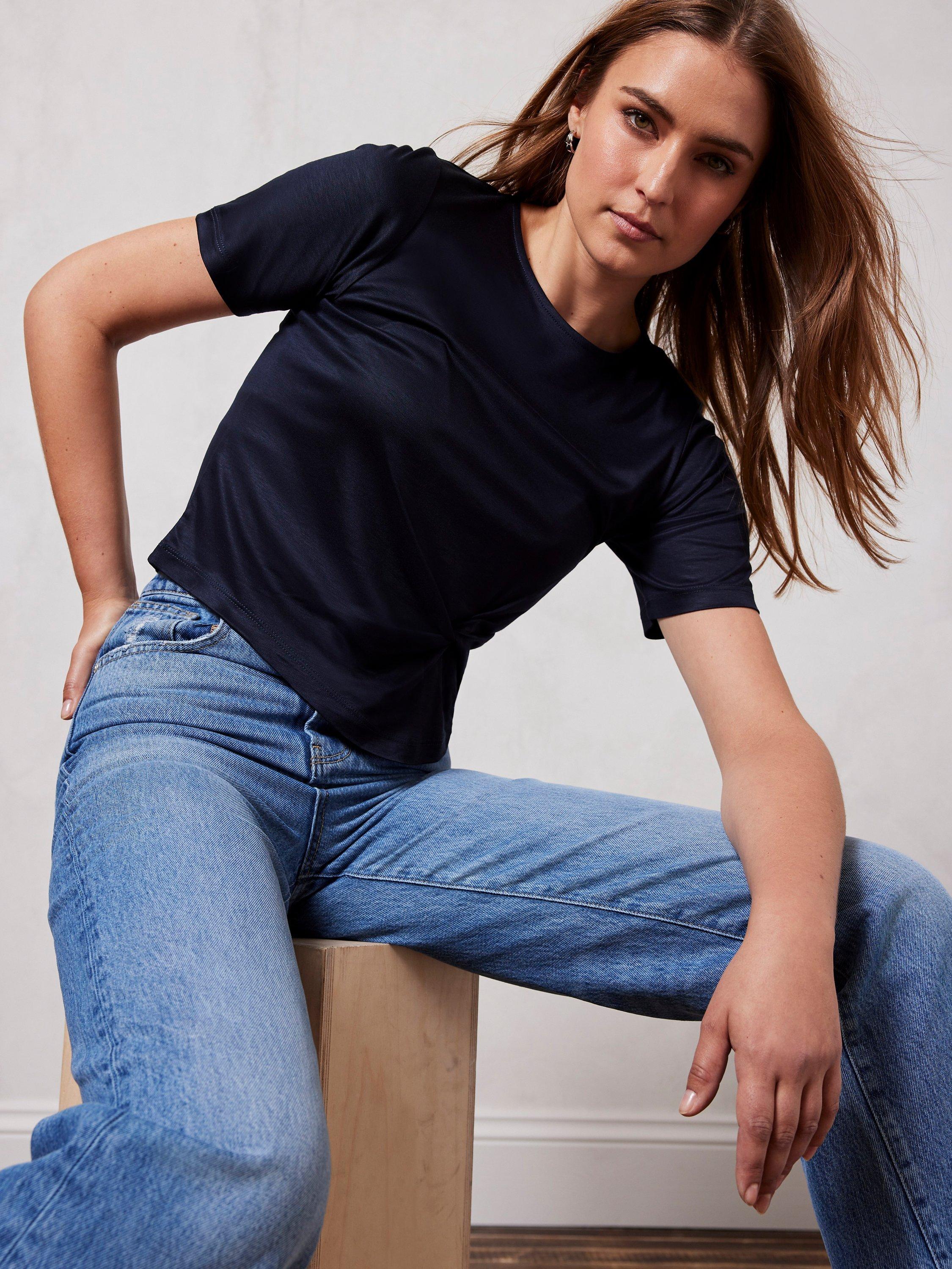 Mint Velvet Cropped Twist T-Shirt, Navy