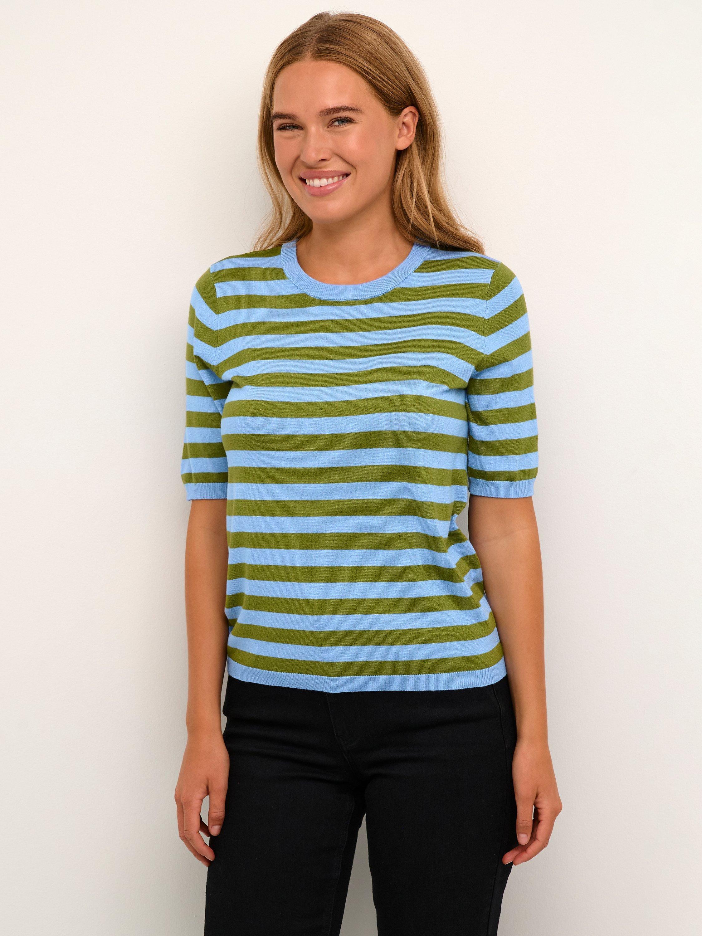 KAFFE Milo Short Sleeve Striped T-Shirt, Calla Green/Corn, L