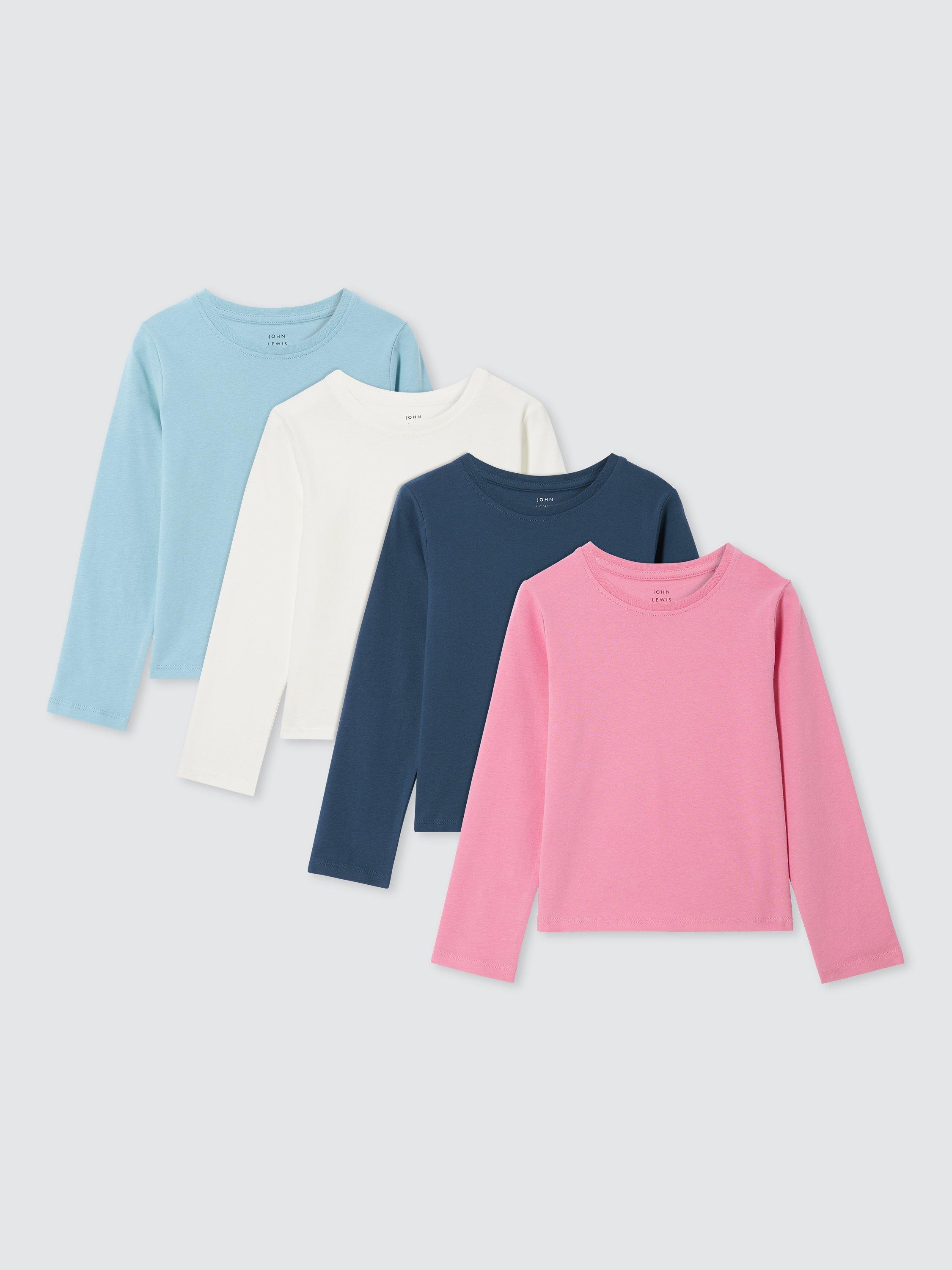 John Lewis Kids' Plain Long Sleeve Cotton T-Shirt, Pack of 4, Multi