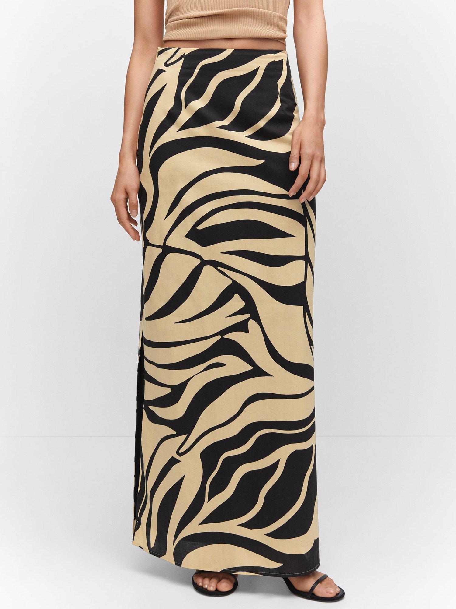 Mango Palm-a Slit Printed Long Skirt, Pastel Brown