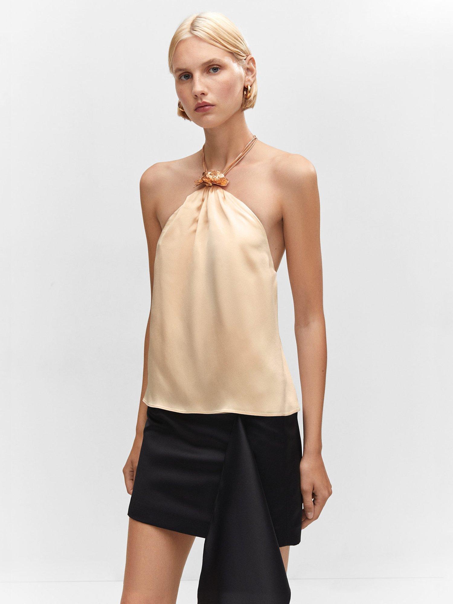 Mango Flor Halterneck Satin Cami Top, Peach